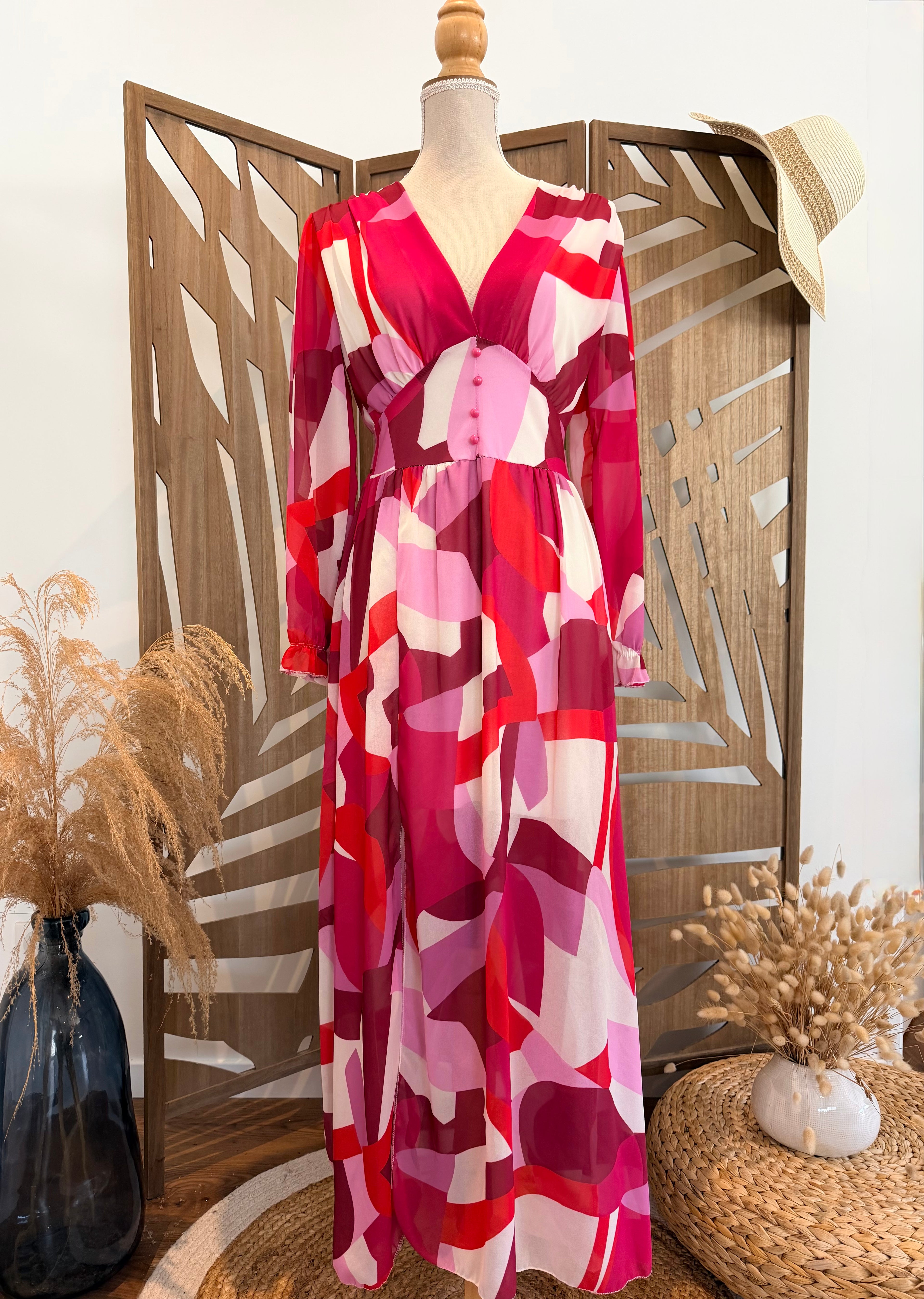Robe Manches Longues – Motif Géométrique Rose & Rouge