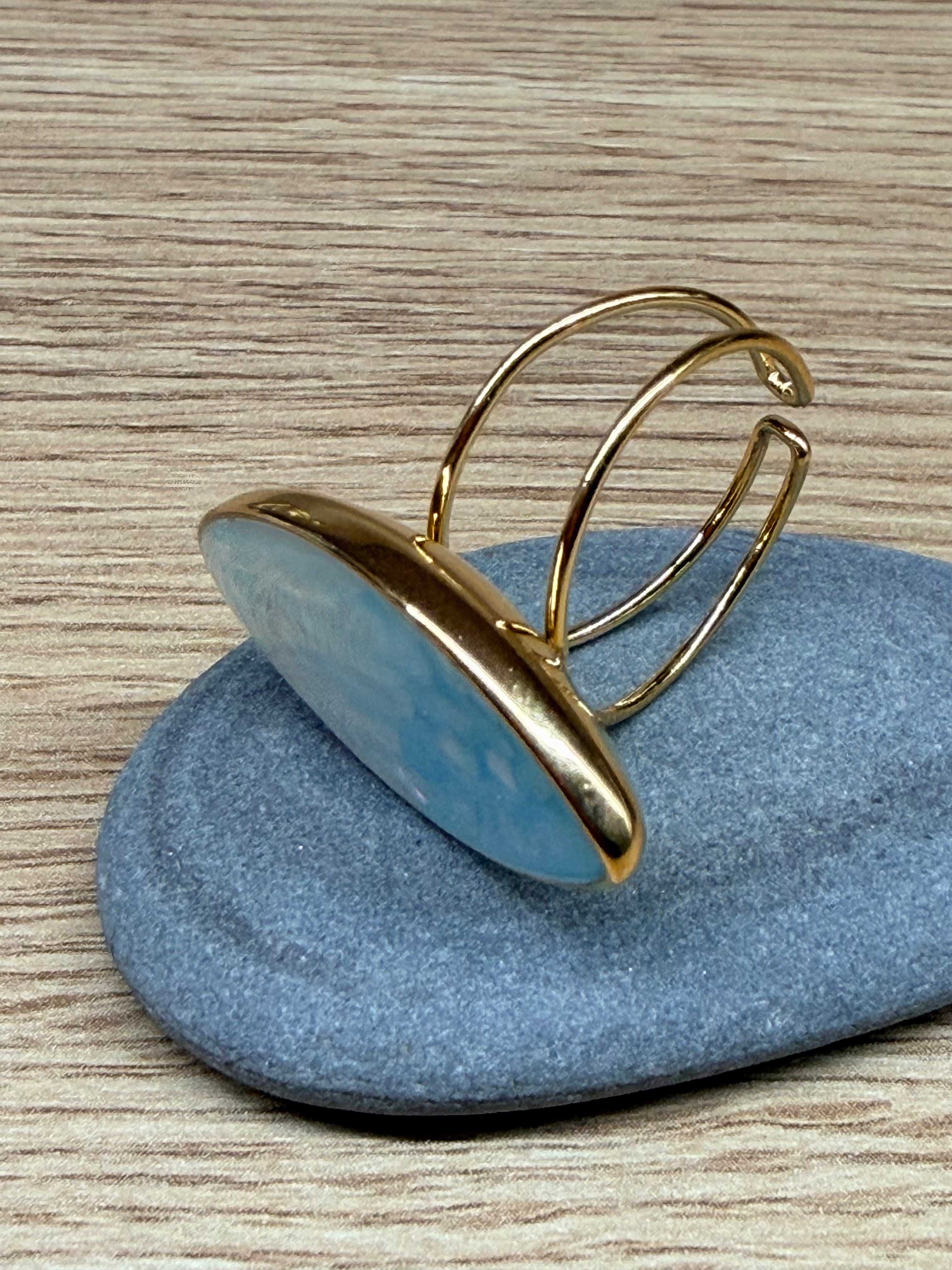 Bague Ajustable Acier Inoxydable Doré - Grande Pierre Ovale Effet Pierre Naturelle / Mosaïque Bleue