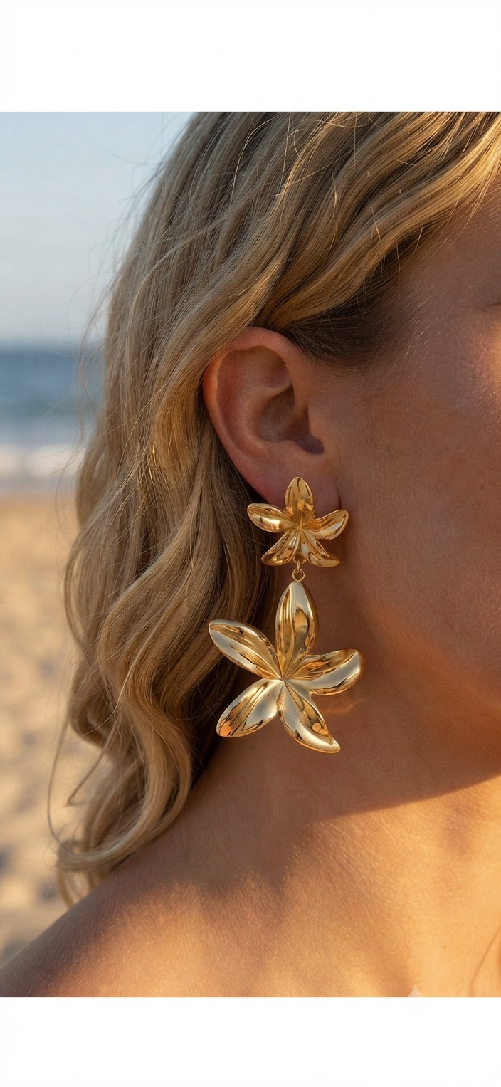 Boucles d’oreilles Pendantes Fleurs Éclatantes – Acier Inoxydable Doré