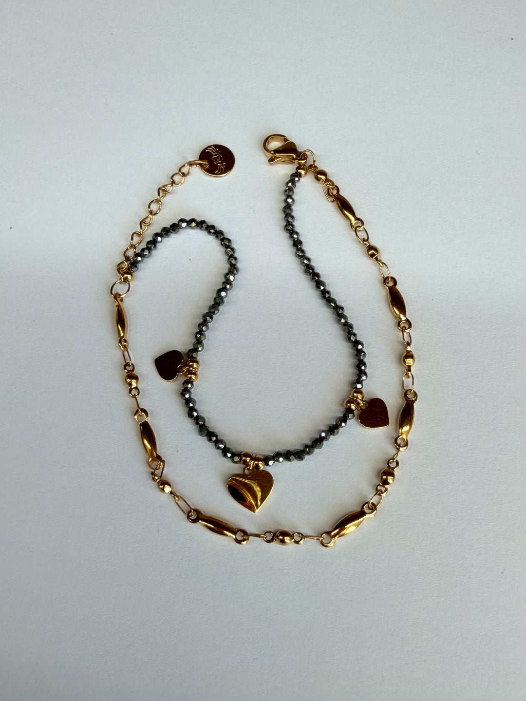 Bracelet Double Acier Inoxydable Doré, Perles et Cœurs