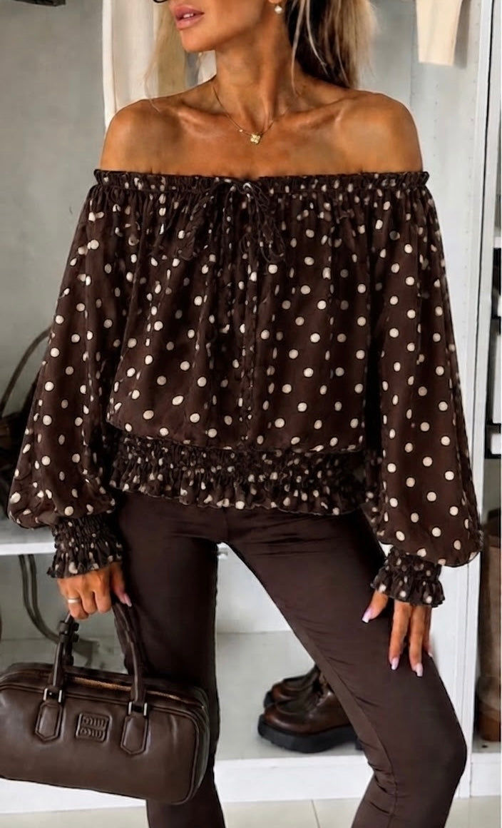 Blouse Bohème Chics à Pois — Épaule Dénudée & Taille Élastiquée