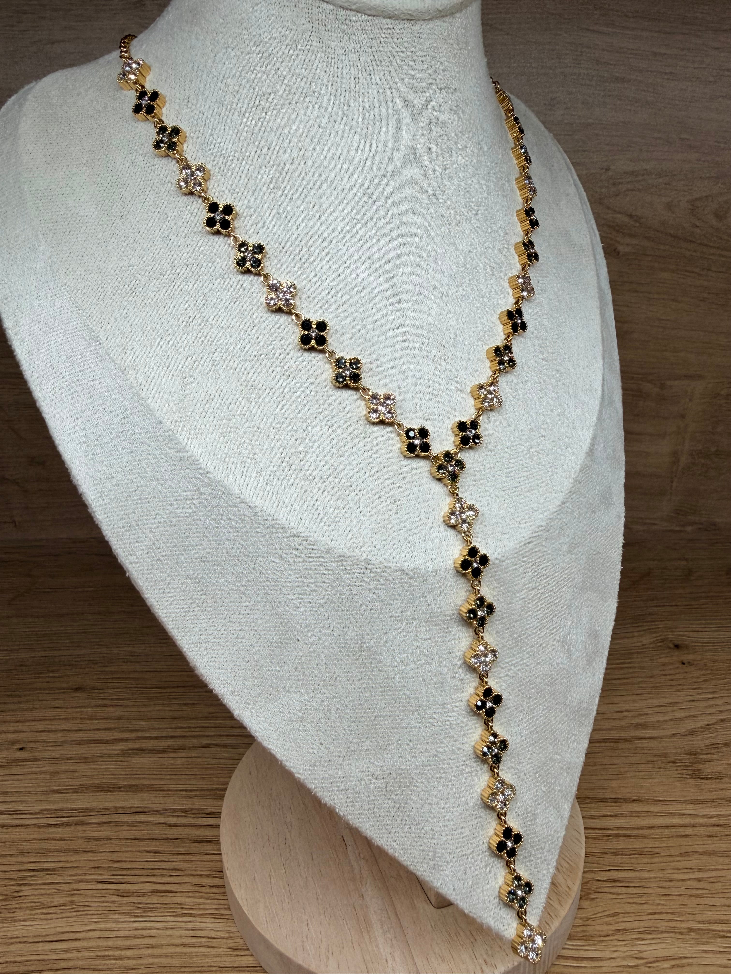 Collier Chaîne en Y Acier Inoxydable Doré - Motifs Fleurs Trèfles et Strass Noirs/Blancs