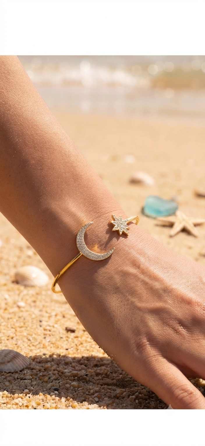 Bracelet Jonc Ouvert Céleste – Lune et Étoile Doré – Acier Inoxydable