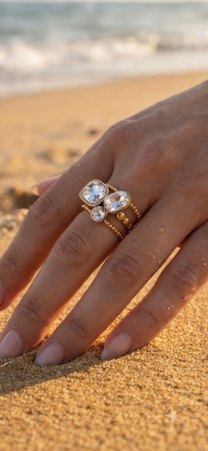 Bague Ajustable Trio d’Ornements – Acier Inoxydable Doré