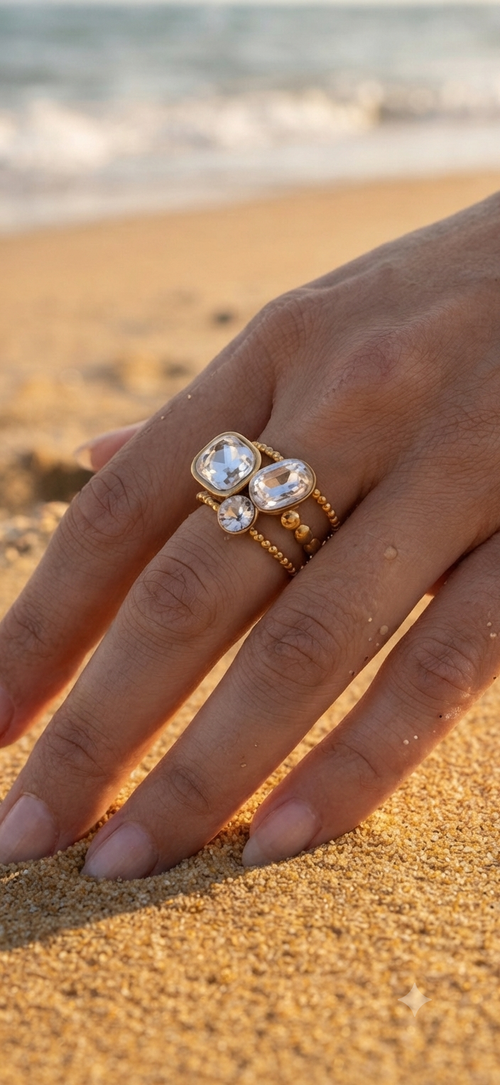 Bague Ajustable Trio d’Ornements – Acier Inoxydable Doré