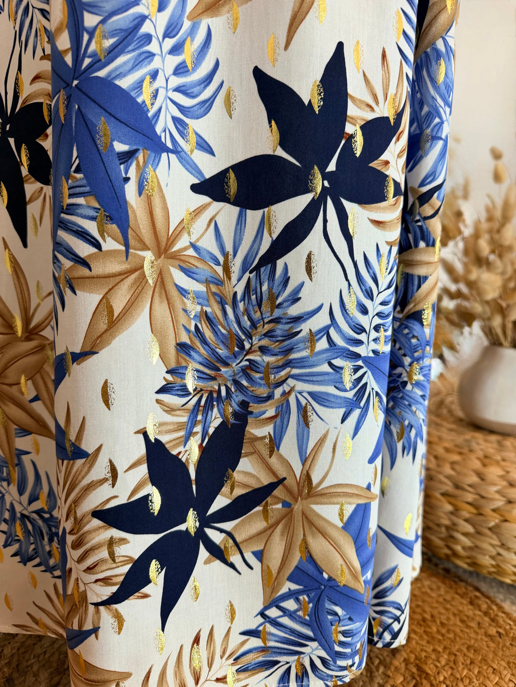 Robe Longue Bohème – Imprimé Tropical Bleu & Doré-Miss Sara