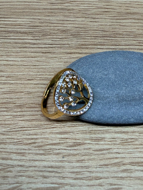 Bague Ajustable Acier Inoxydable Doré - Motif Arbre de Vie et Strass