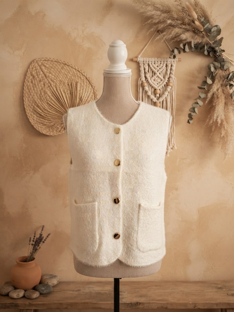 Gilet sans manches effet duveteux à boutons dorés