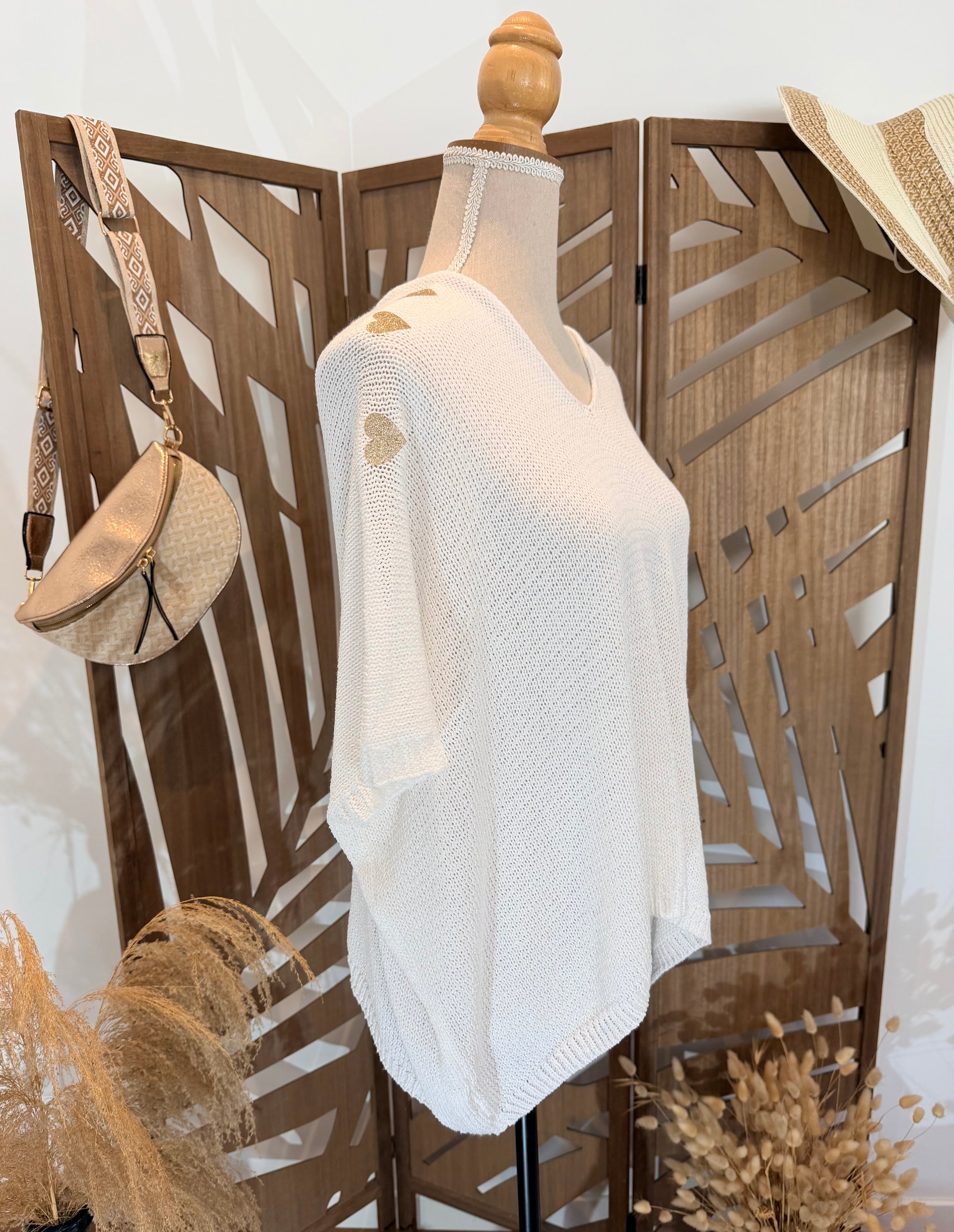 Top en maille fine "Ineo Couture" – Blanc & Cœurs Dorés