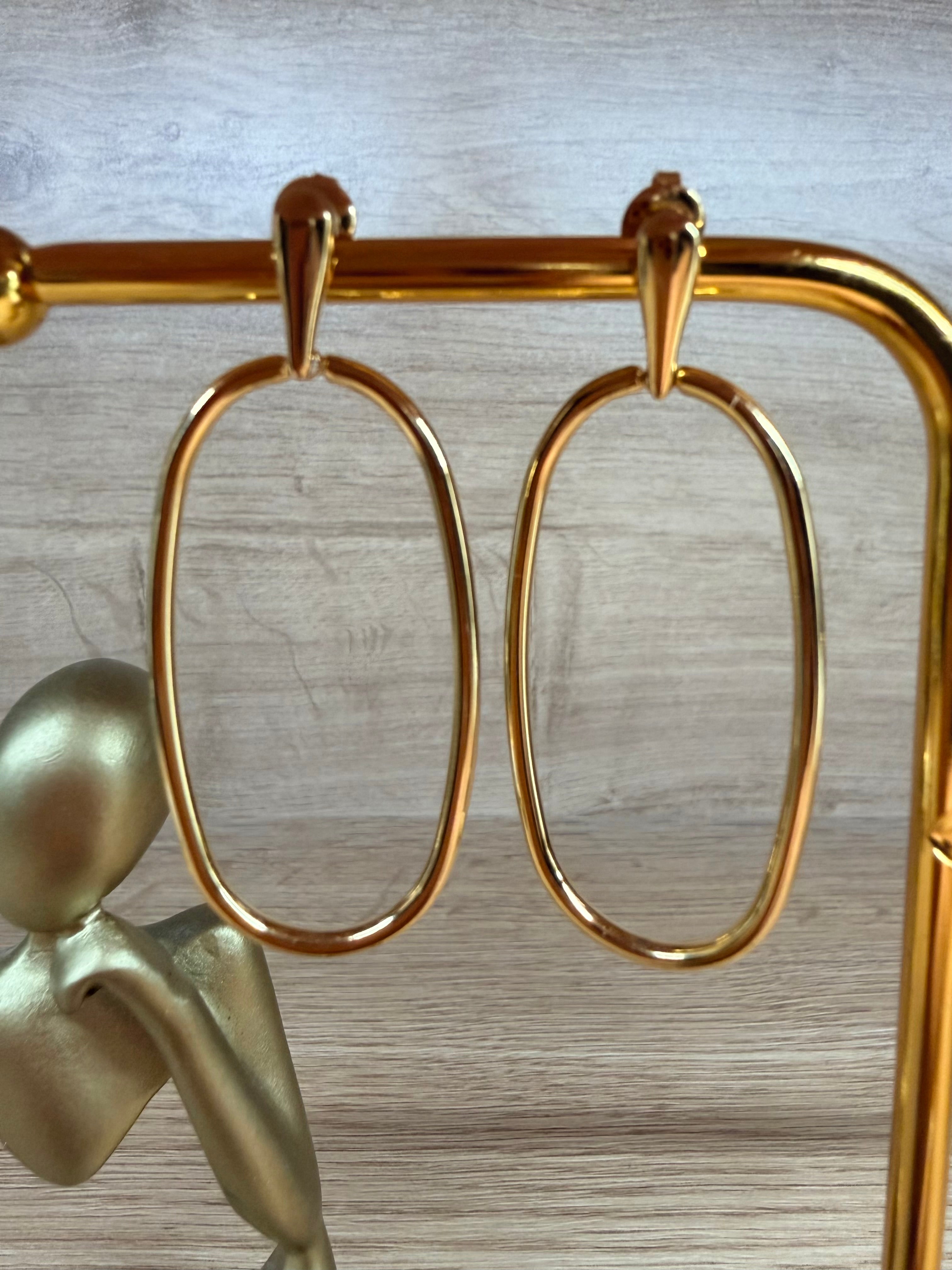 Boucles d'Oreilles Pendantes Acier Inoxydable Doré - Grandes Créoles Ovales Épurées