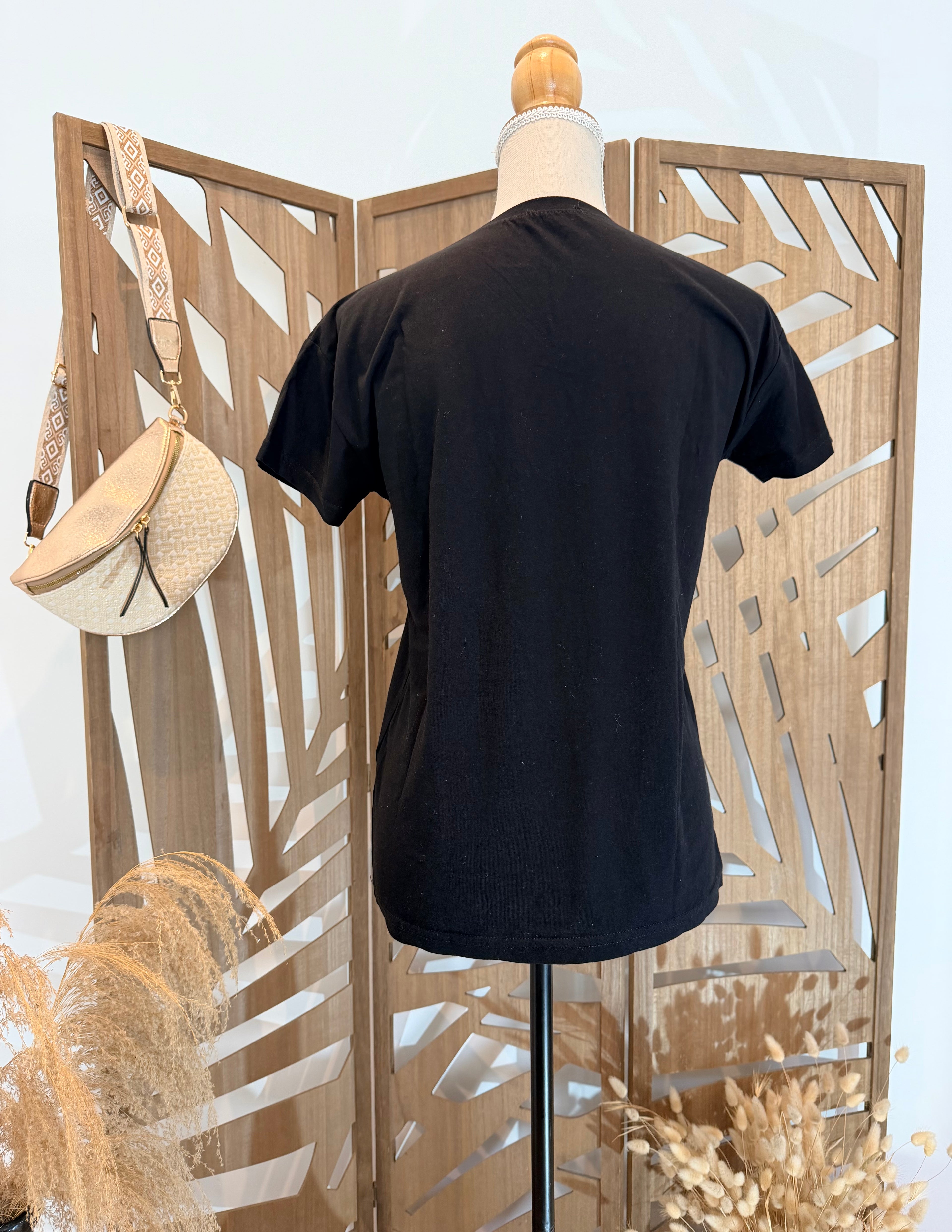 T-Shirt Noir à Motifs Brodés et Sequins Dorés