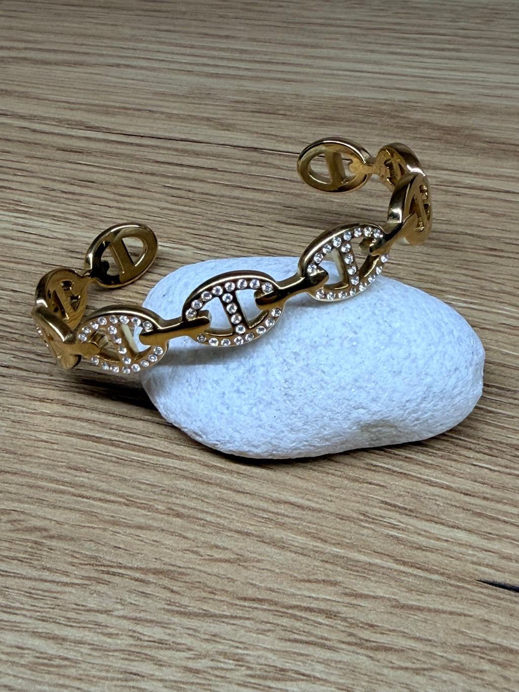 Bracelet Jonc Rigide Acier Inoxydable Doré - Maillons Chaine Strass