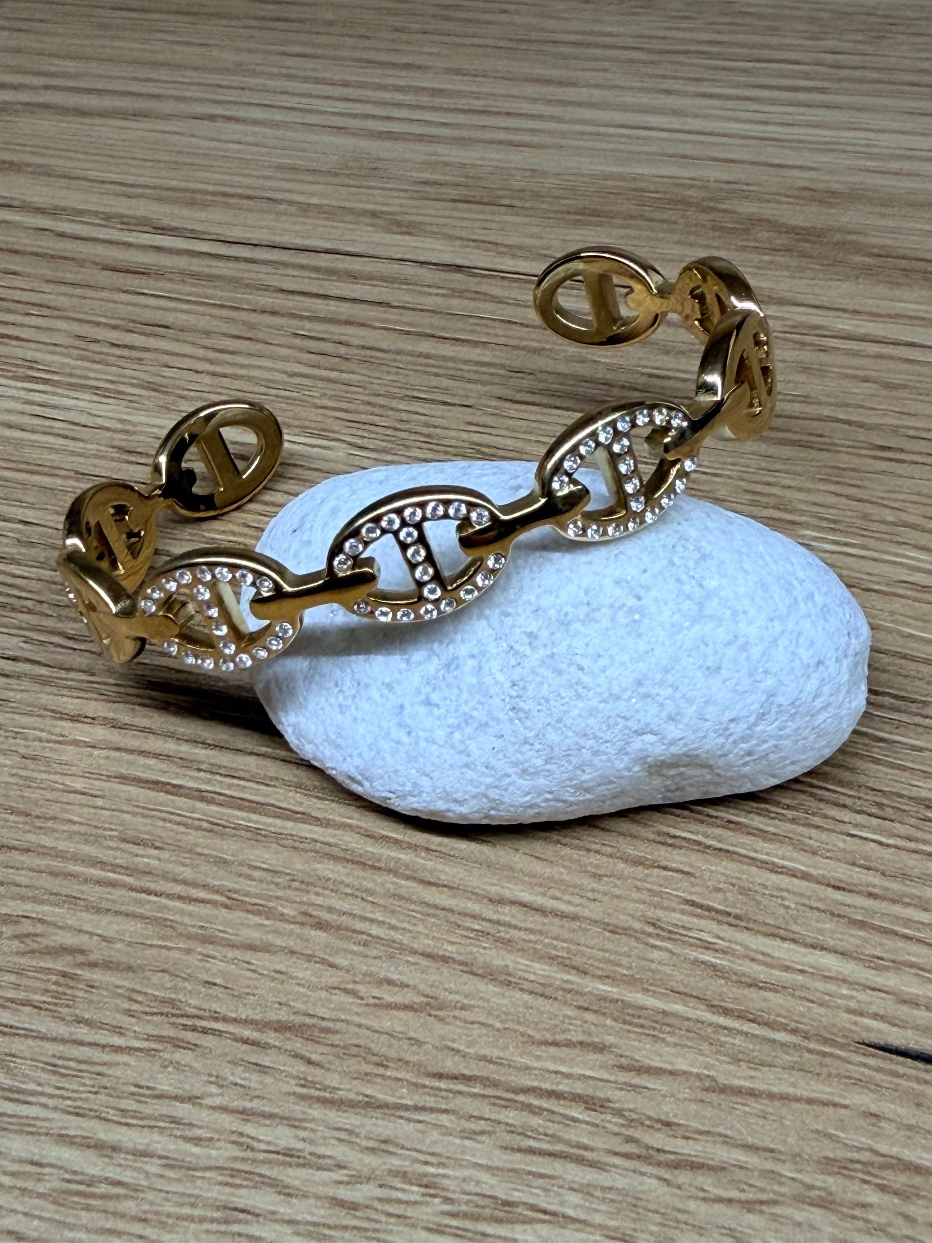Bracelet Jonc Rigide Acier Inoxydable Doré - Maillons Chaine Strass