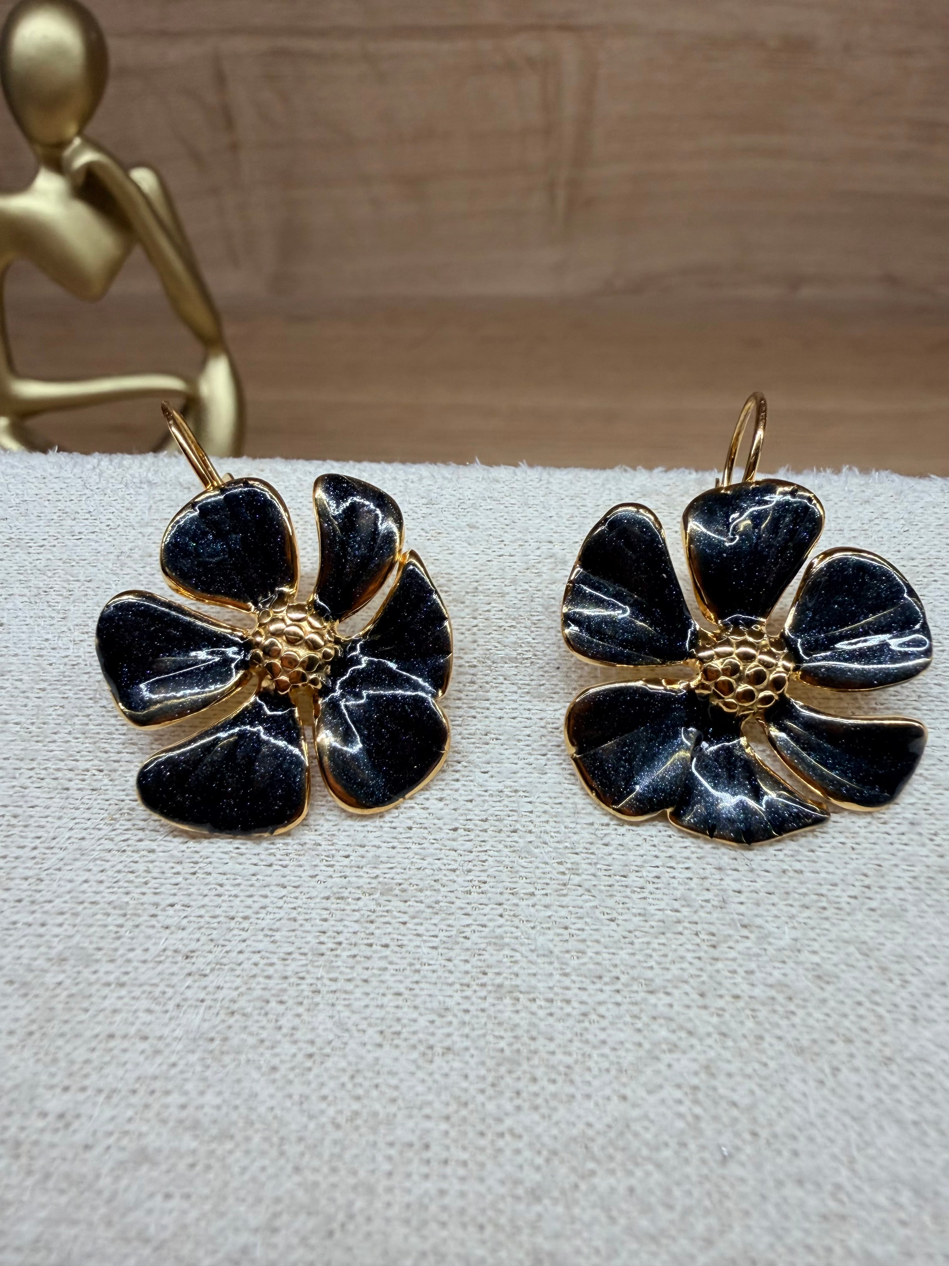 Boucles d'Oreilles Pendantes Acier Inoxydable Doré - Motifs Fleurs Noires Pailletées