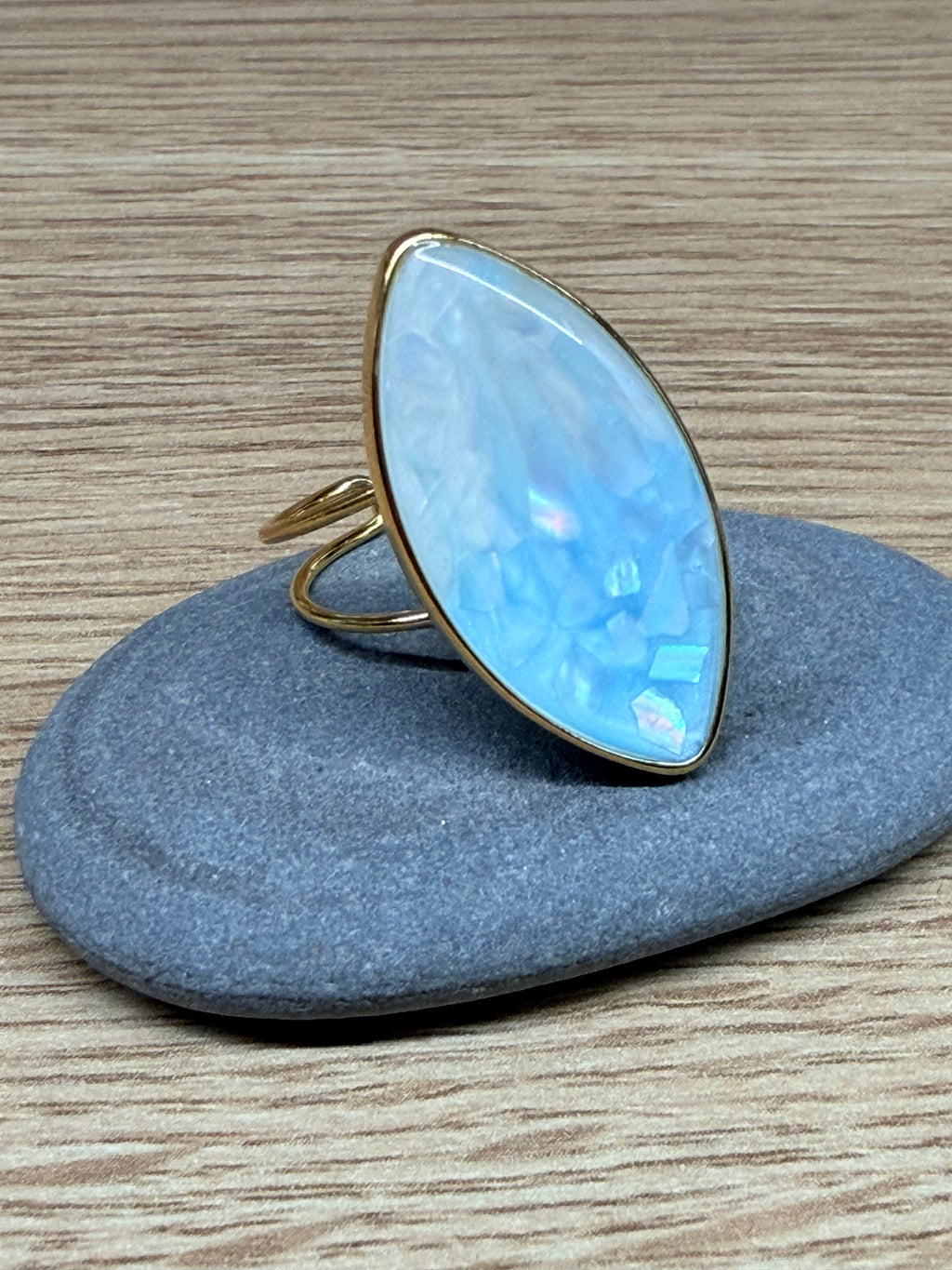 Bague Ajustable Acier Inoxydable Doré - Grande Pierre Ovale Effet Pierre Naturelle / Mosaïque Bleue