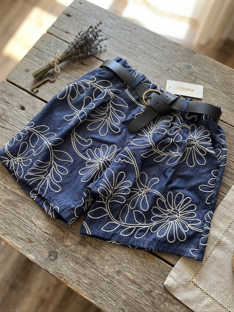 Short Fluide Brodé & Ceinture - Bleu & Blanc