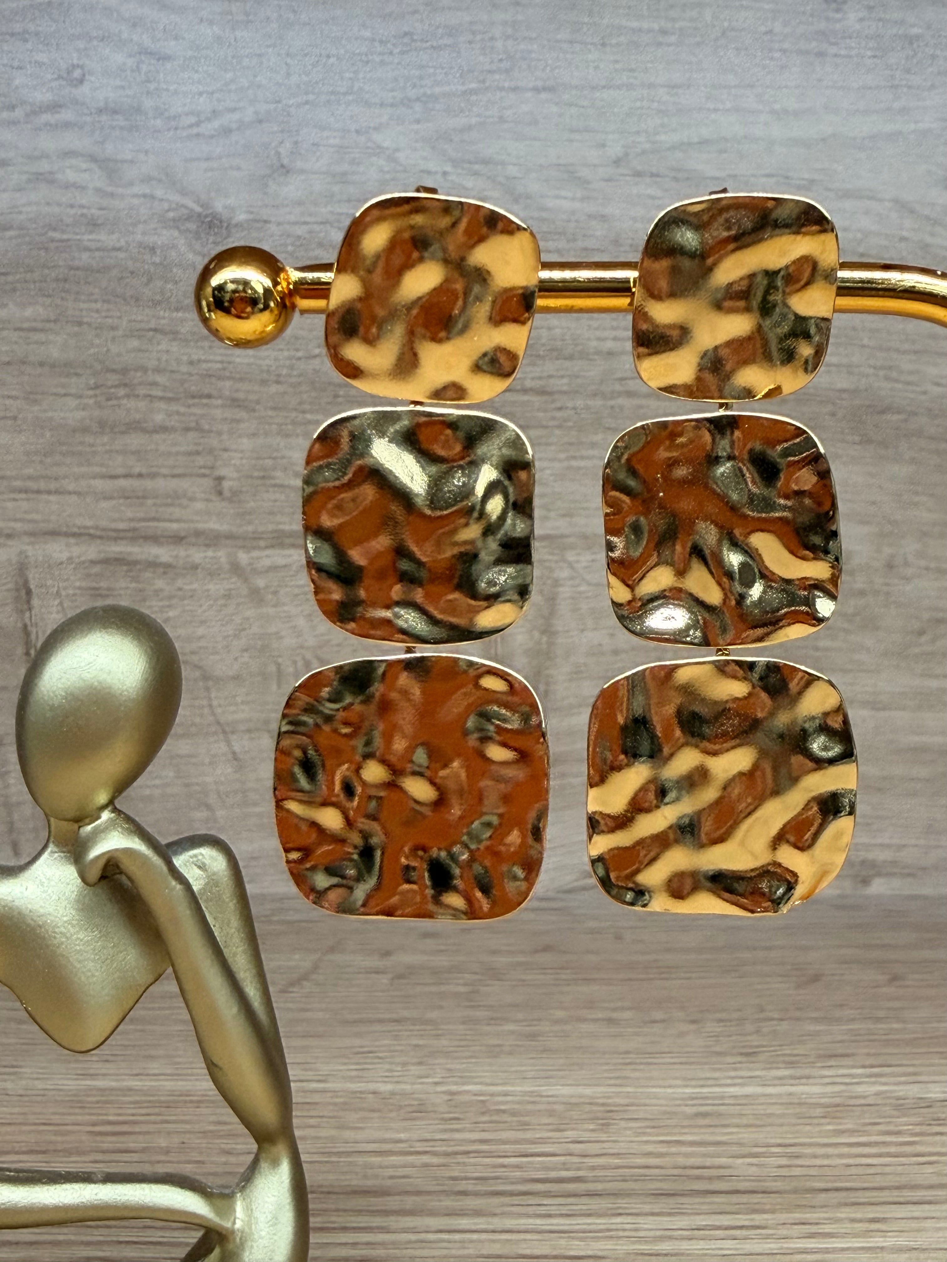 Boucles d'Oreilles Pendantes Acier Inoxydable Doré - Formes Géométriques Texturées