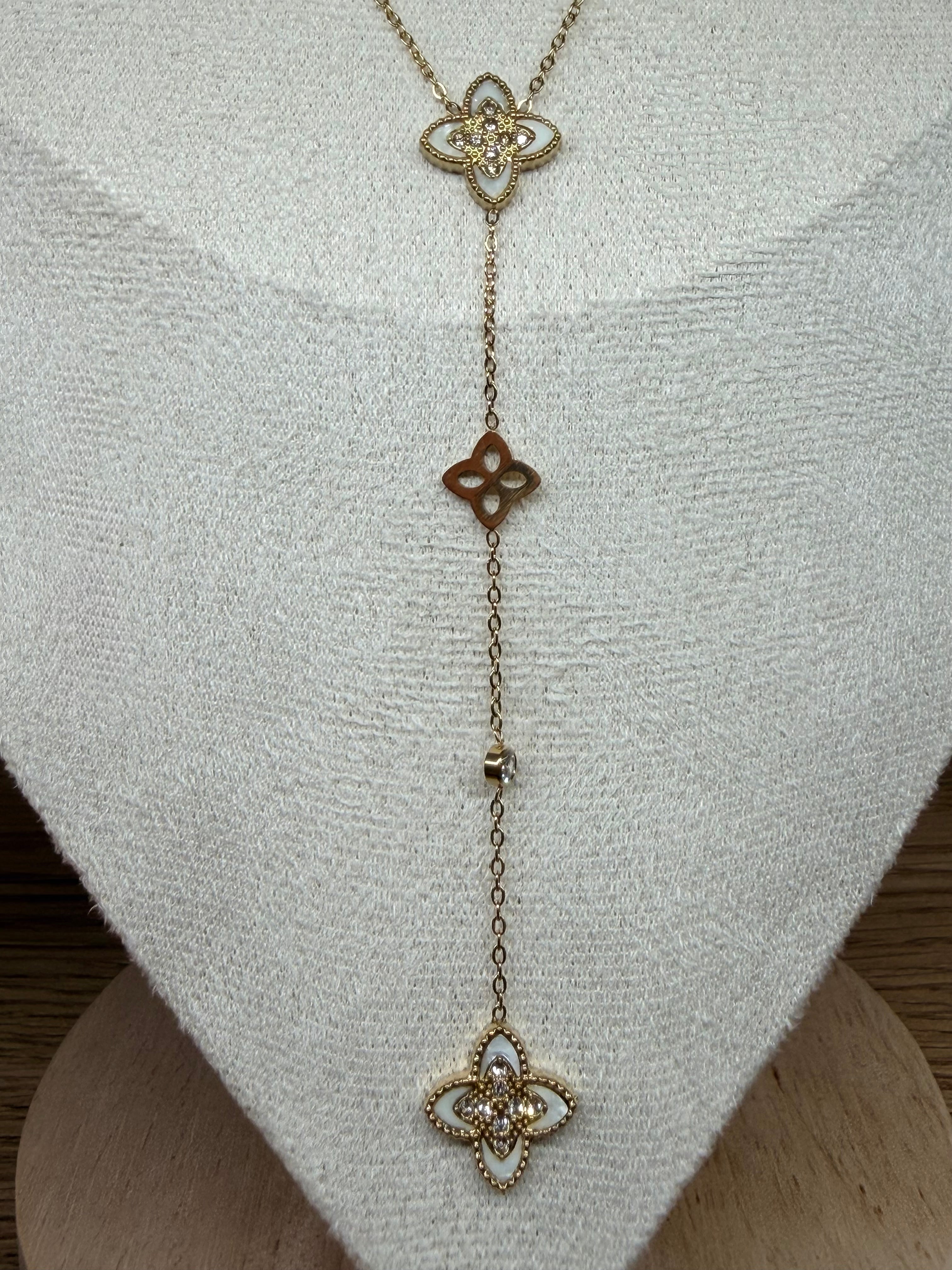 Collier Sautoir / Chaîne en Acier Inoxydable Doré - Motifs Fleurs et Nacre