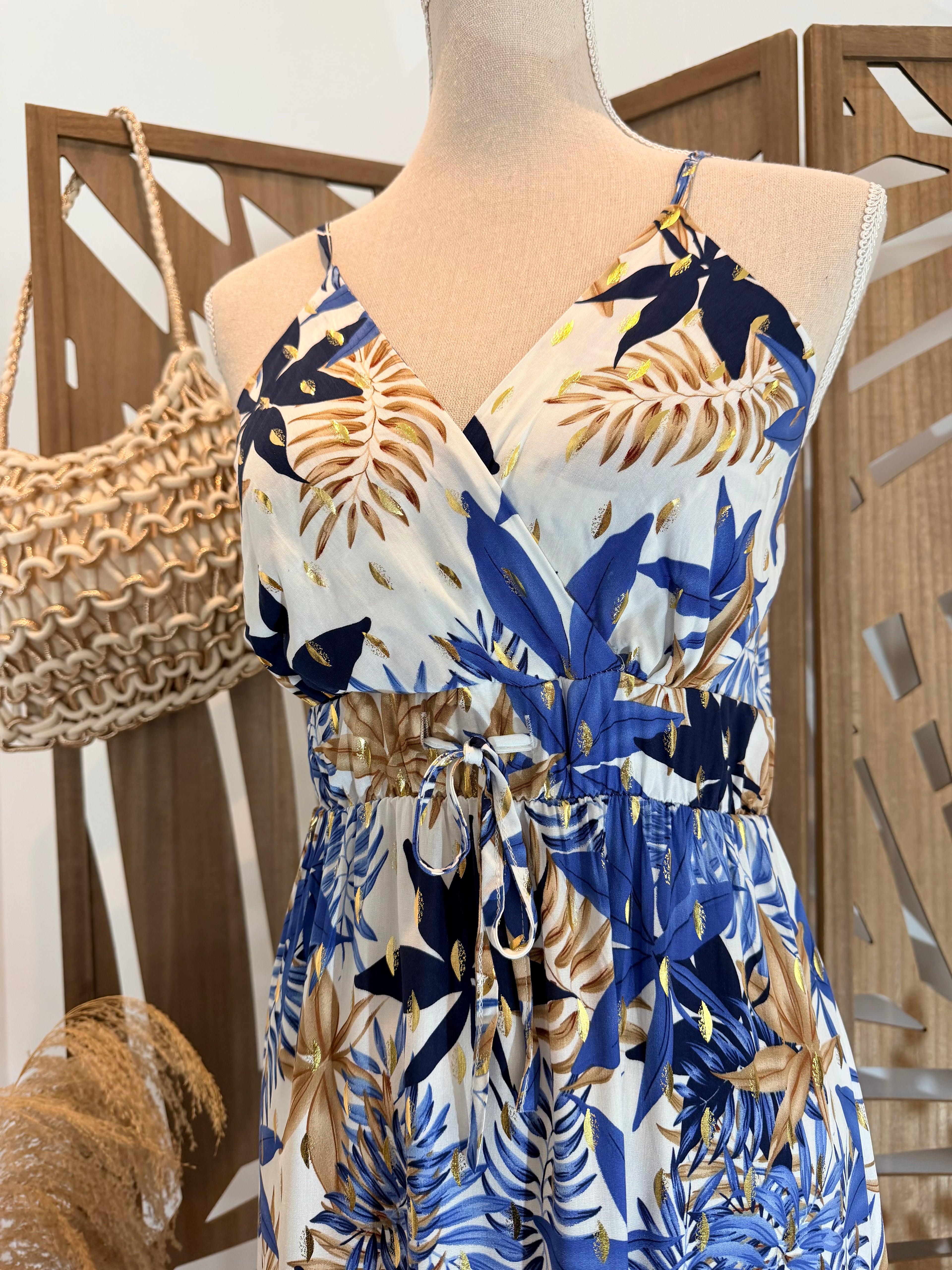 Robe Longue Bohème – Imprimé Tropical Bleu & Doré-Miss Sara