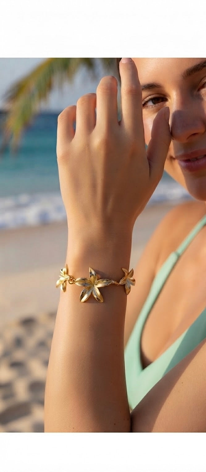 Bracelet Floral Élégance – Chaîne Dorée à Trois Fleurs