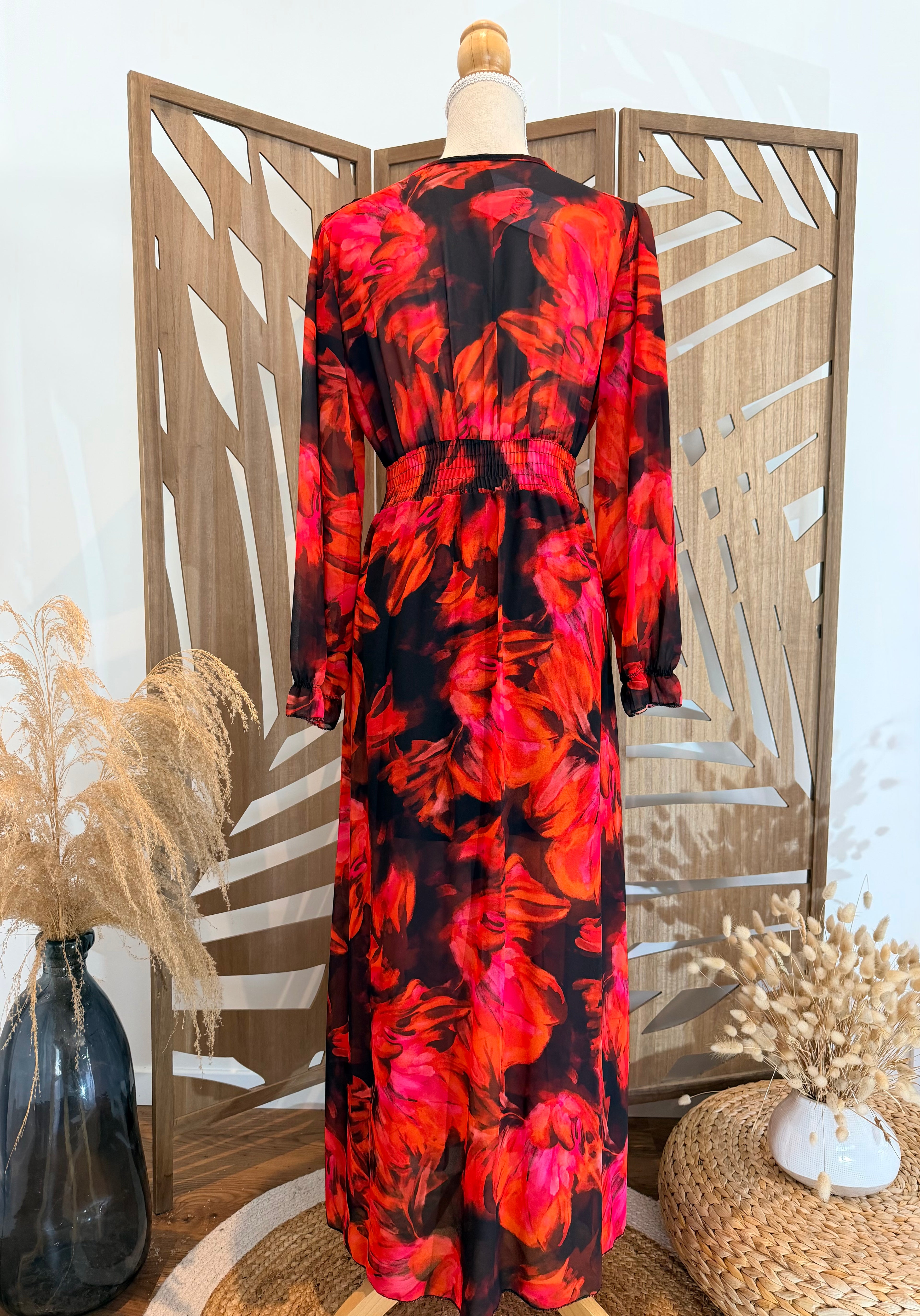 Robe Manches Longues – Grandes Fleurs Rouge & Noir