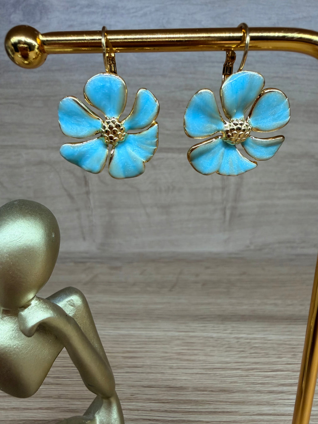 Boucles d'Oreilles Pendantes Acier Inoxydable Doré - Motifs Fleurs Bleues Nacrées