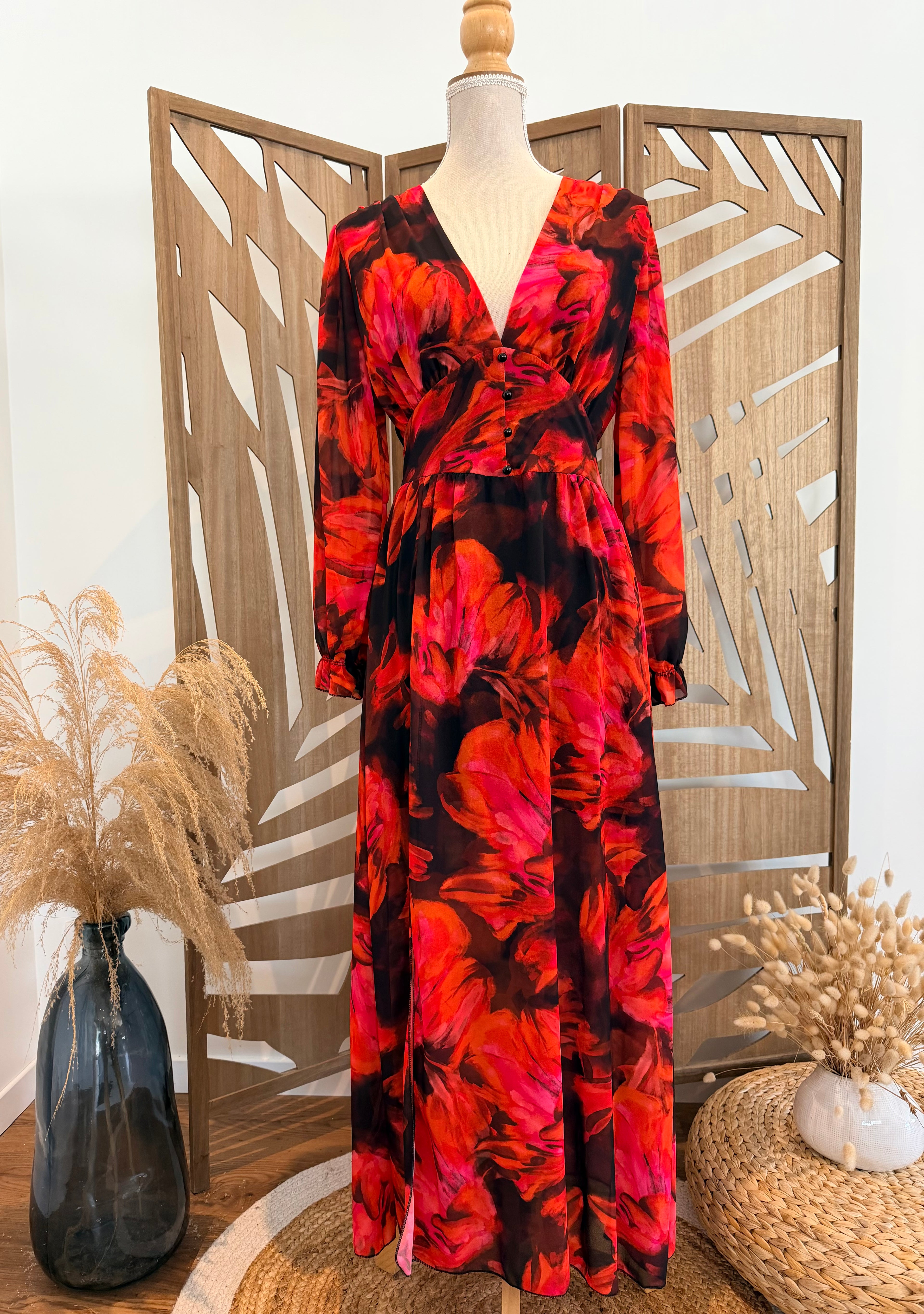 Robe Manches Longues – Grandes Fleurs Rouge & Noir
