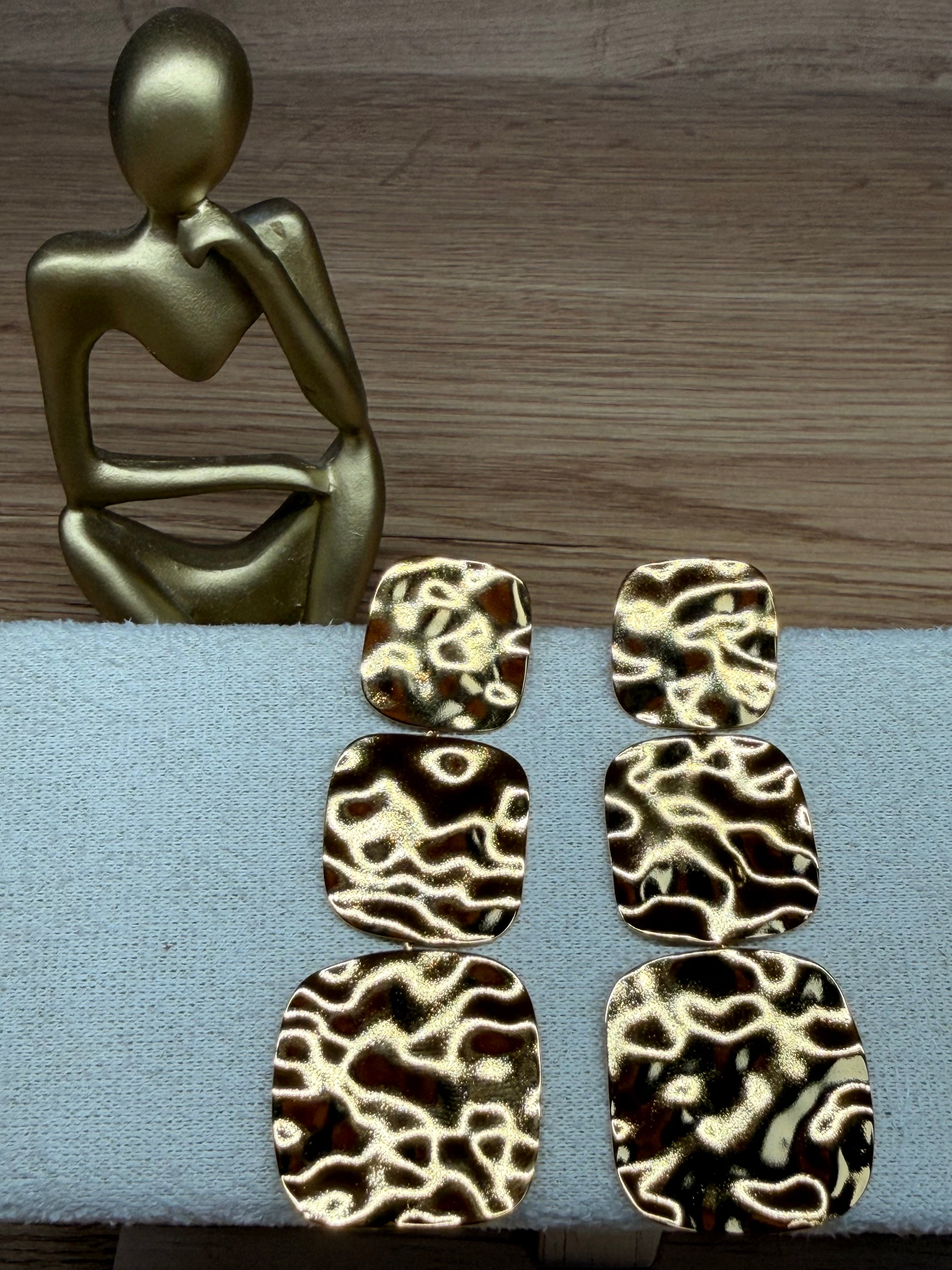 Boucles d'Oreilles Pendantes Acier Inoxydable Doré - Formes Géométriques Texturées