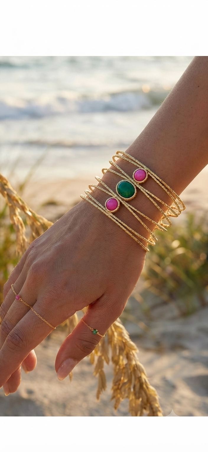 Bracelet Jonc Multi-Rangs en Acier Inoxydable – Orné de Pierres Colorées (Rose & Vert)