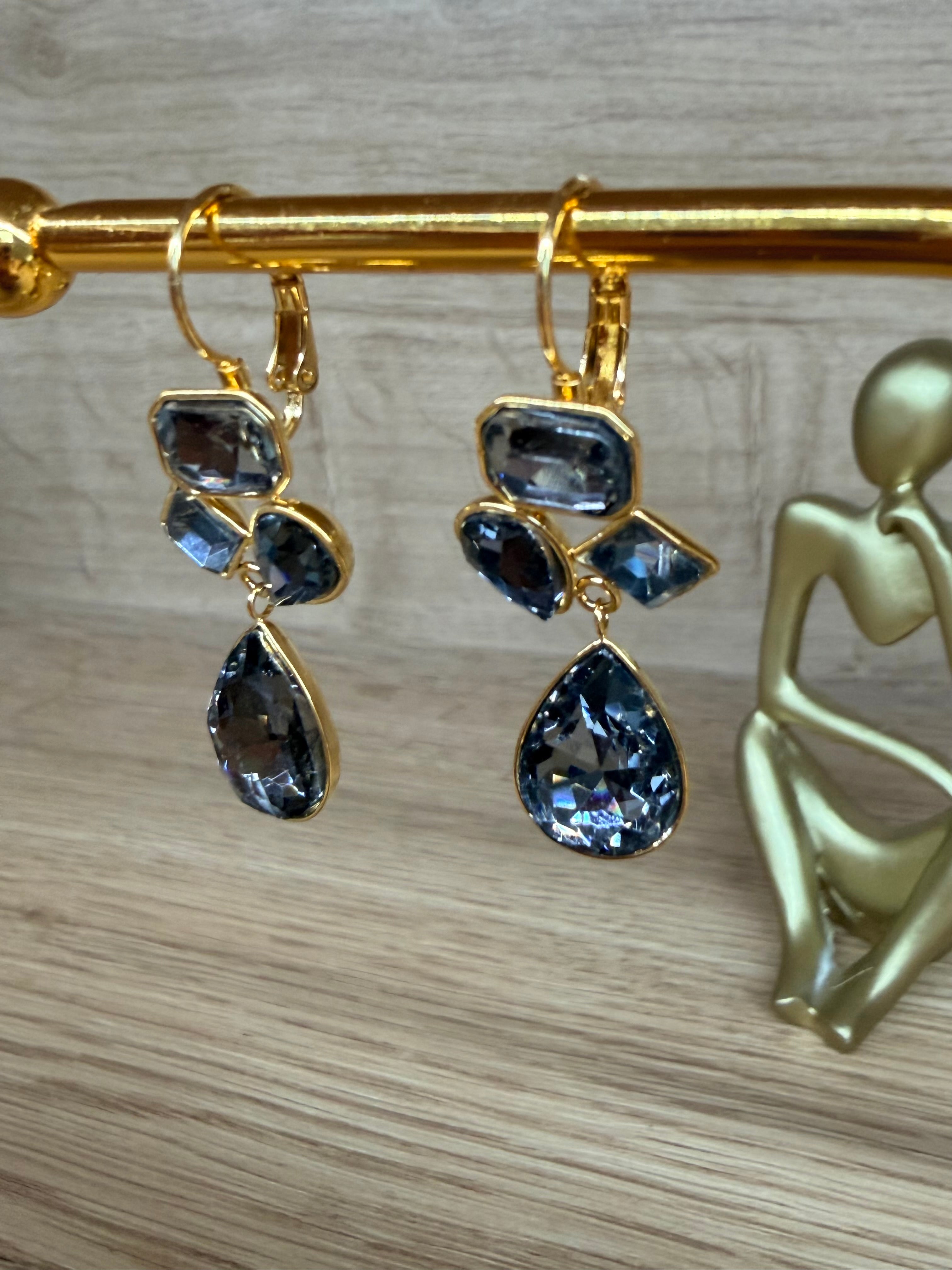 Boucles d'Oreilles Acier Inoxydable Doré et Pierres Grises/Bleutées
