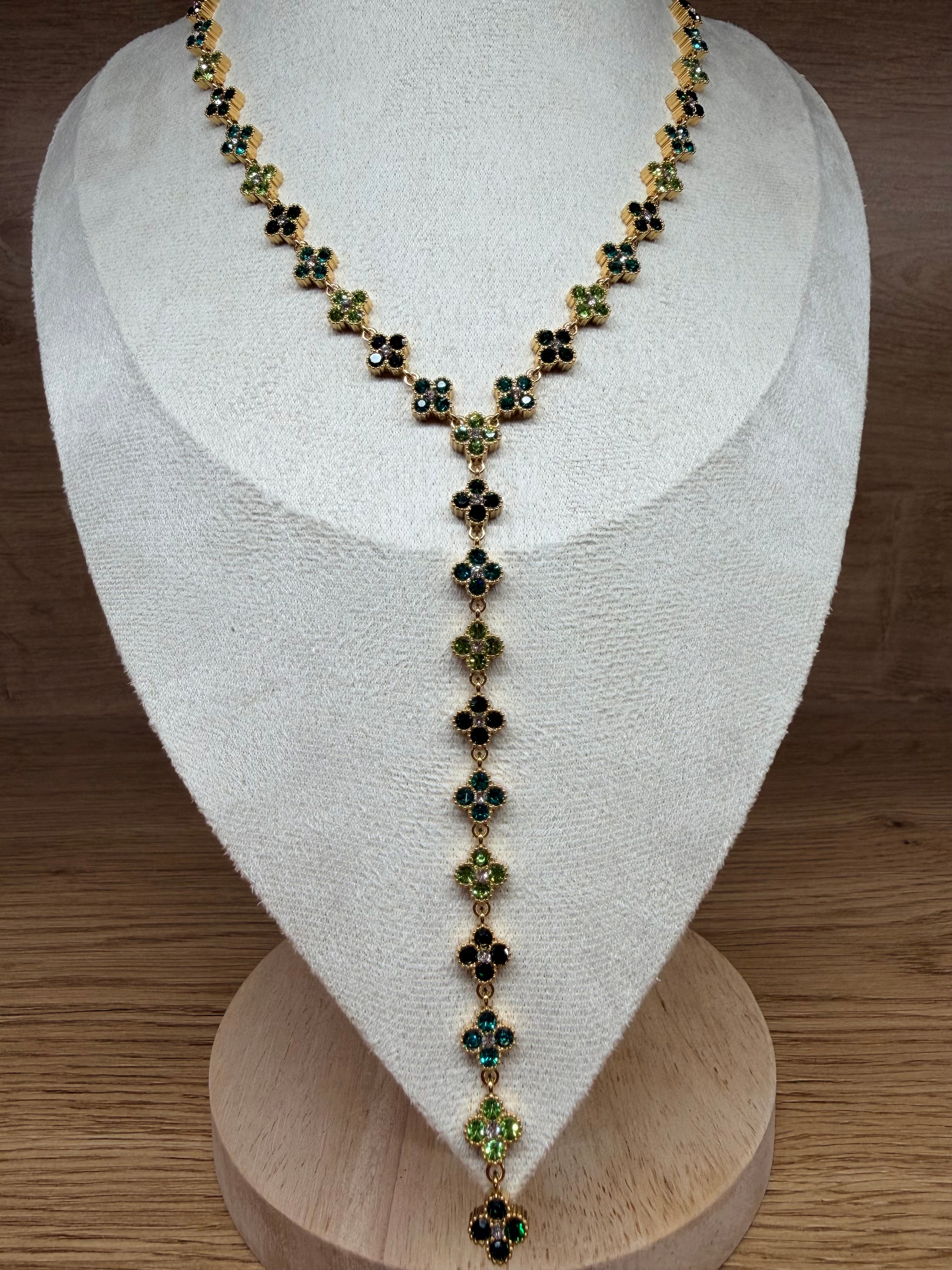 Collier Chaîne en Y Acier Inoxydable Doré - Motifs Fleurs Trèfles et Strass Multicolores