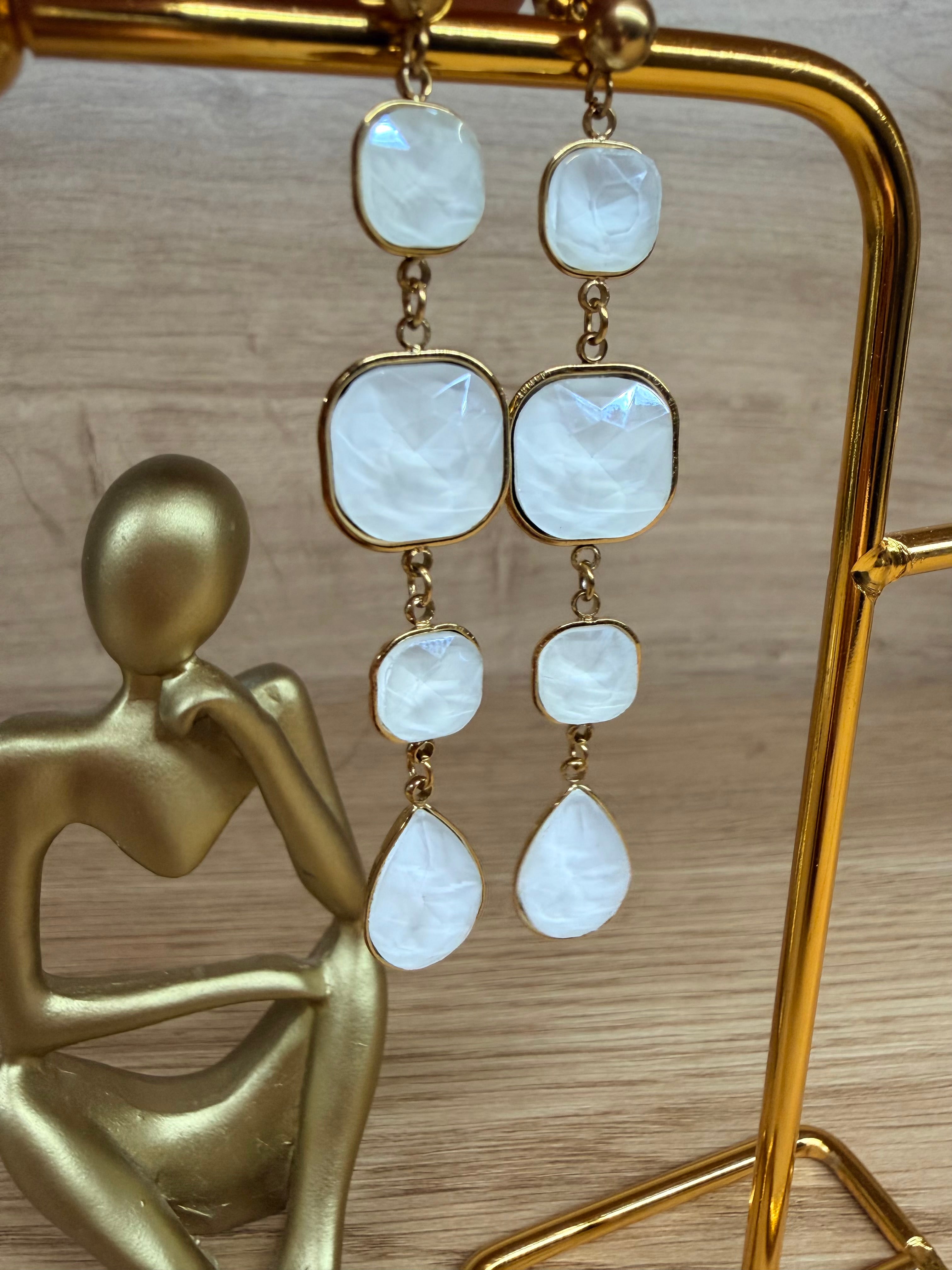 Boucles d'Oreilles Longues Pendantes Acier Inoxydable Doré et Pierres Blanches Multi-Formes