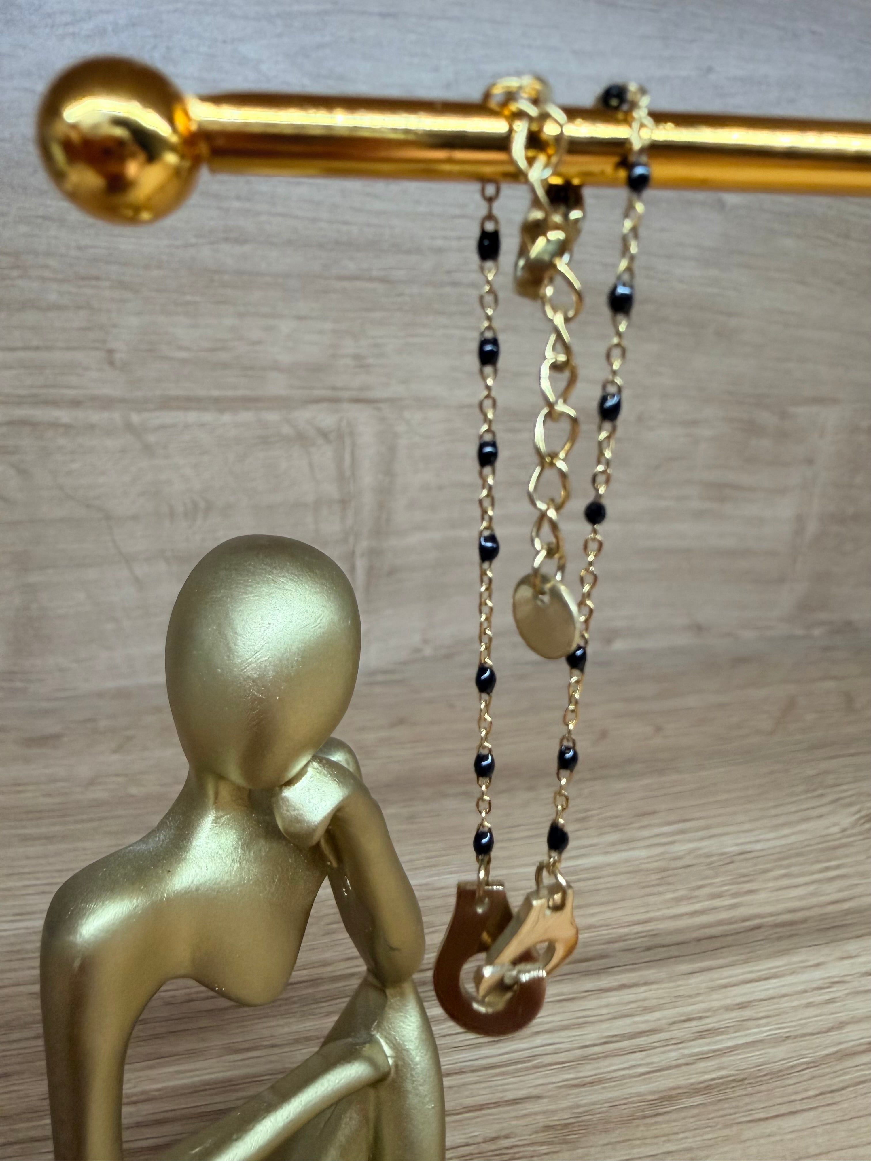 Bracelet Chaîne Acier Inoxydable Doré - Pendentif Menottes et Perles Noires