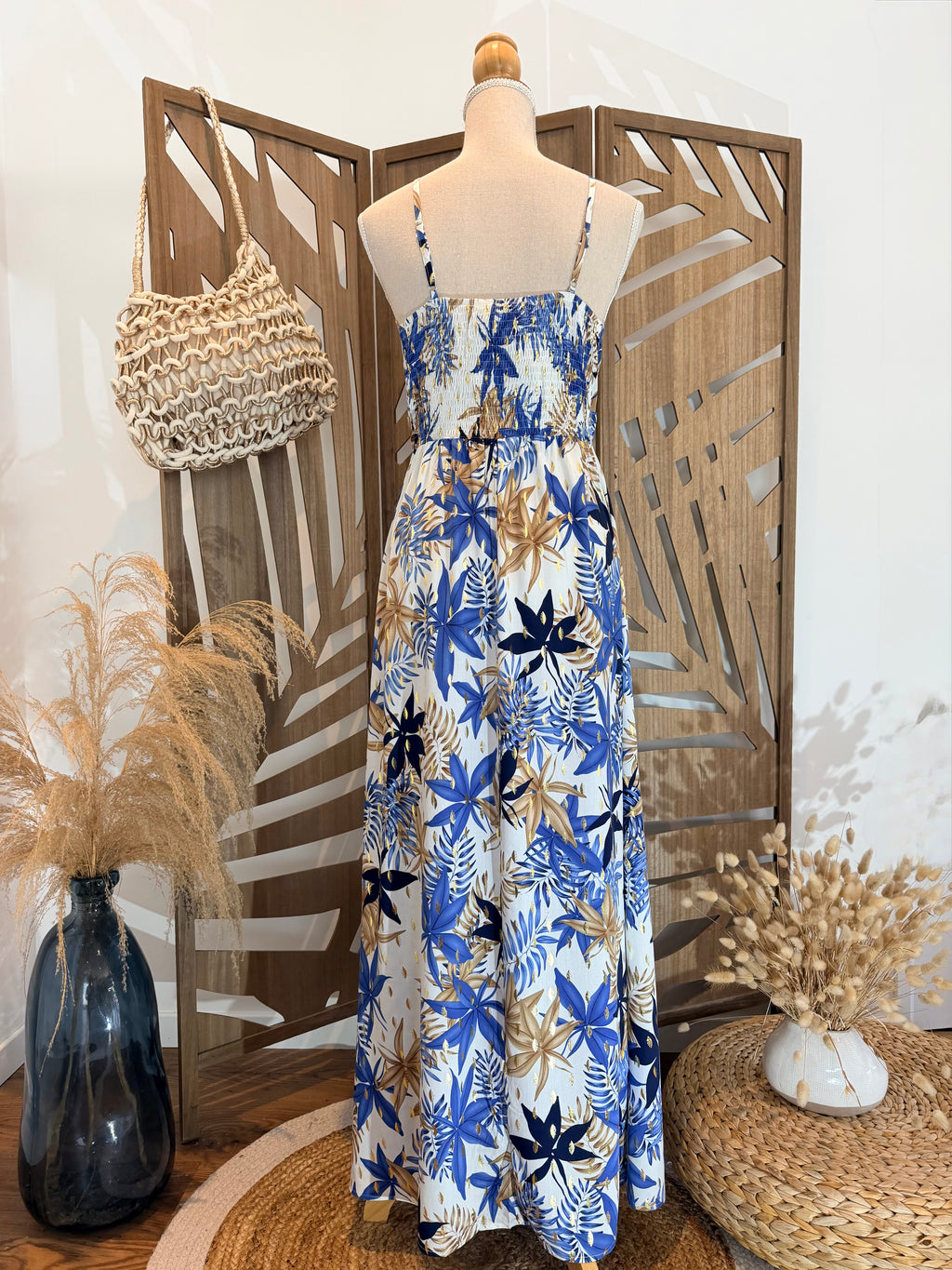 Robe Longue Bohème – Imprimé Tropical Bleu & Doré-Miss Sara
