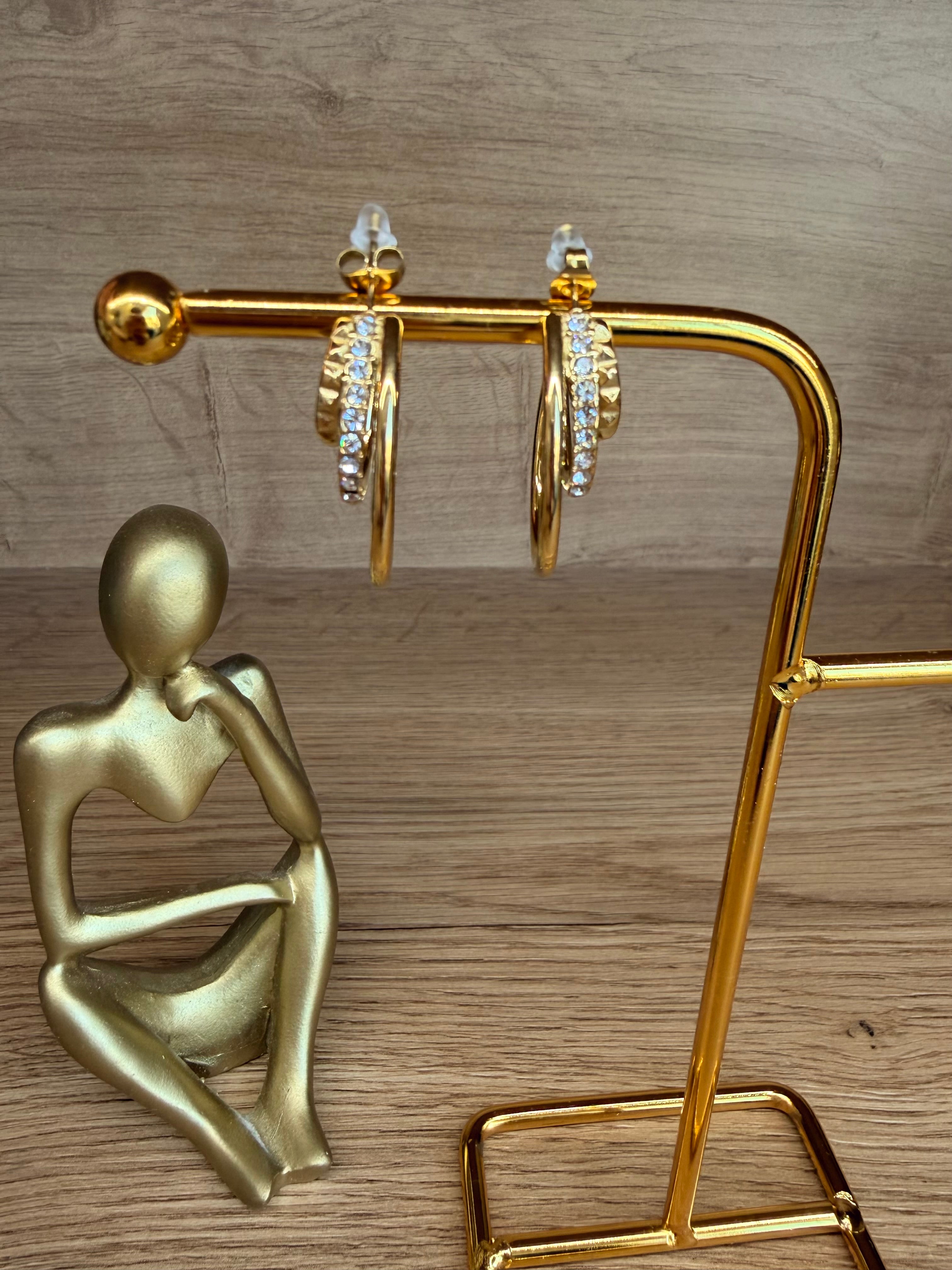 Boucles d'Oreilles Créoles Dorées – Double Rang Strass