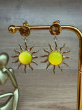 Boucles d'Oreilles Acier Inoxydable Doré et Soleil Pierre Jaune