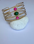 Bracelet Jonc Multi-Rangs en Acier Inoxydable – Orné de Pierres Colorées (Rose & Vert)