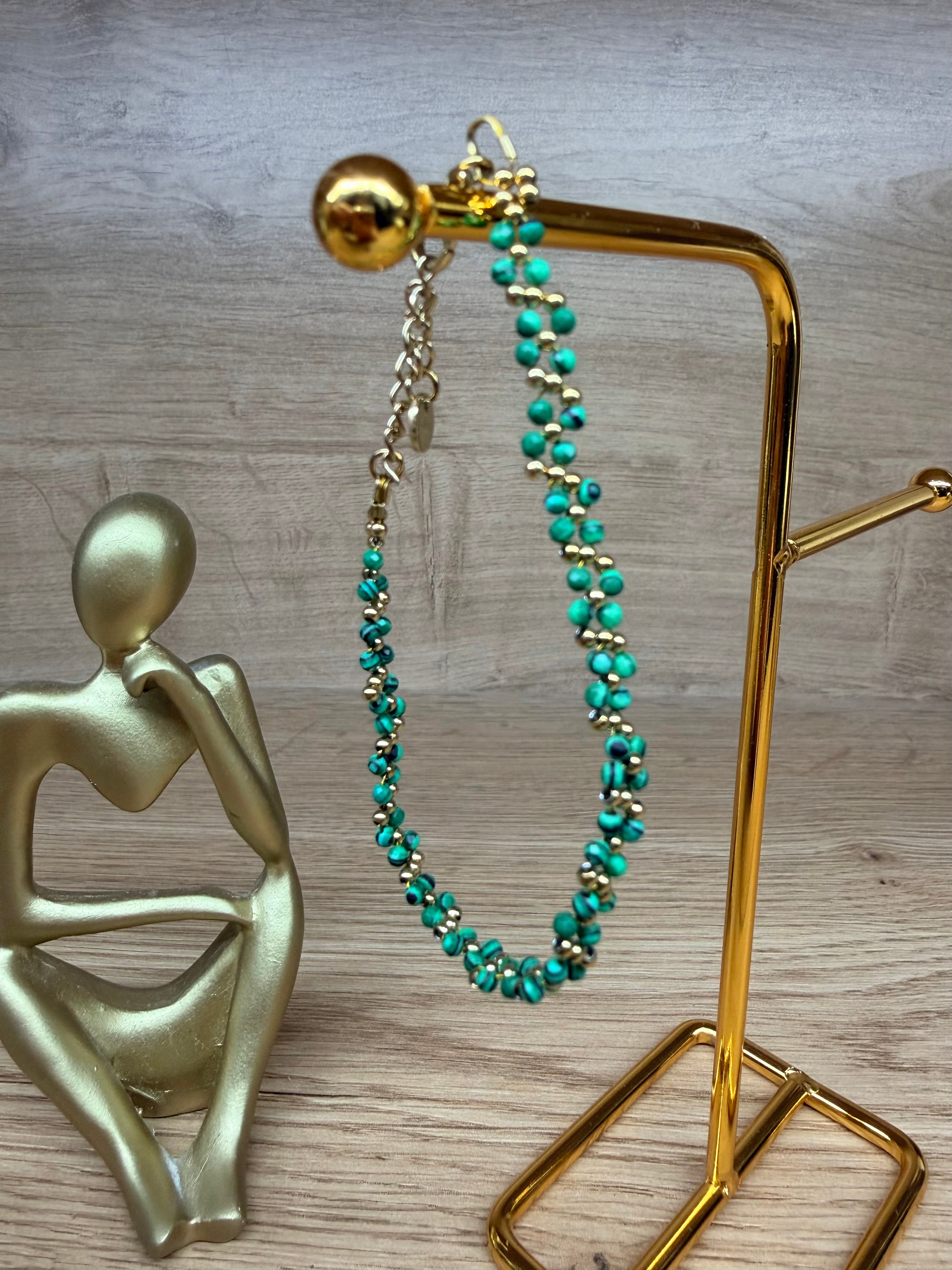 Bracelet Acier Inoxydable Doré et Perles Vertes / Turquoises