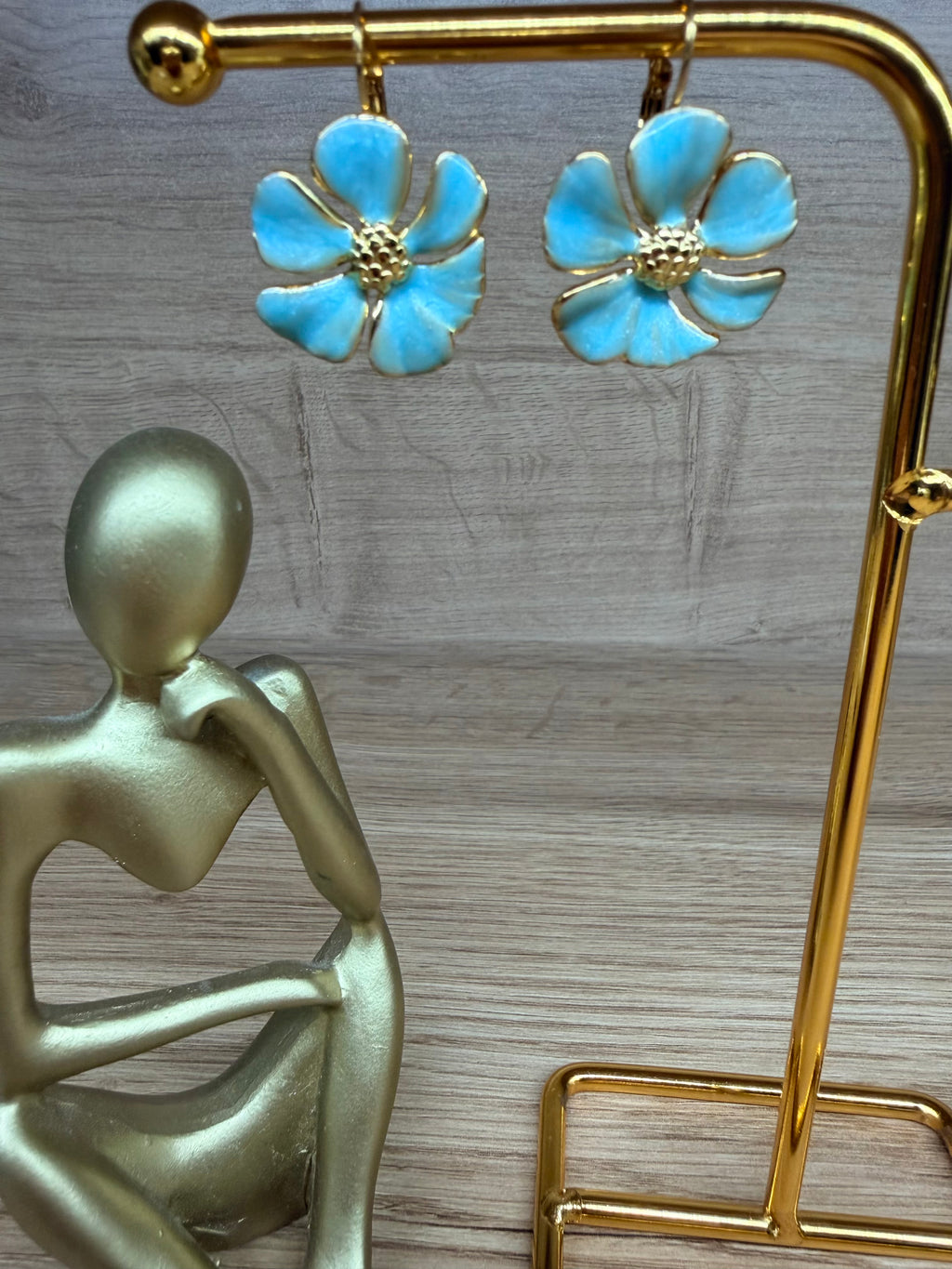 Boucles d'Oreilles Pendantes Acier Inoxydable Doré - Motifs Fleurs Bleues Nacrées