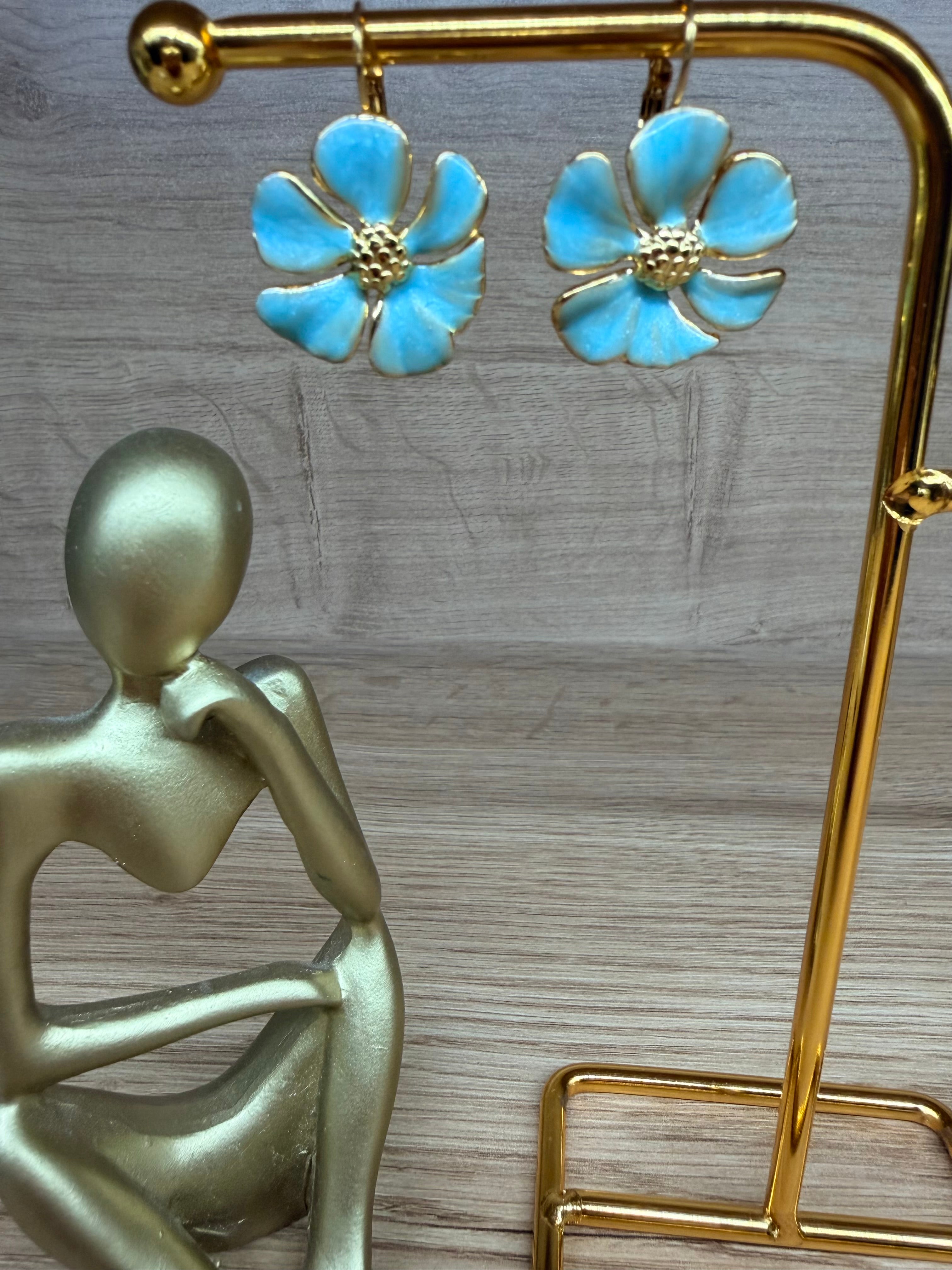 Boucles d'Oreilles Pendantes Acier Inoxydable Doré - Motifs Fleurs Bleues Nacrées