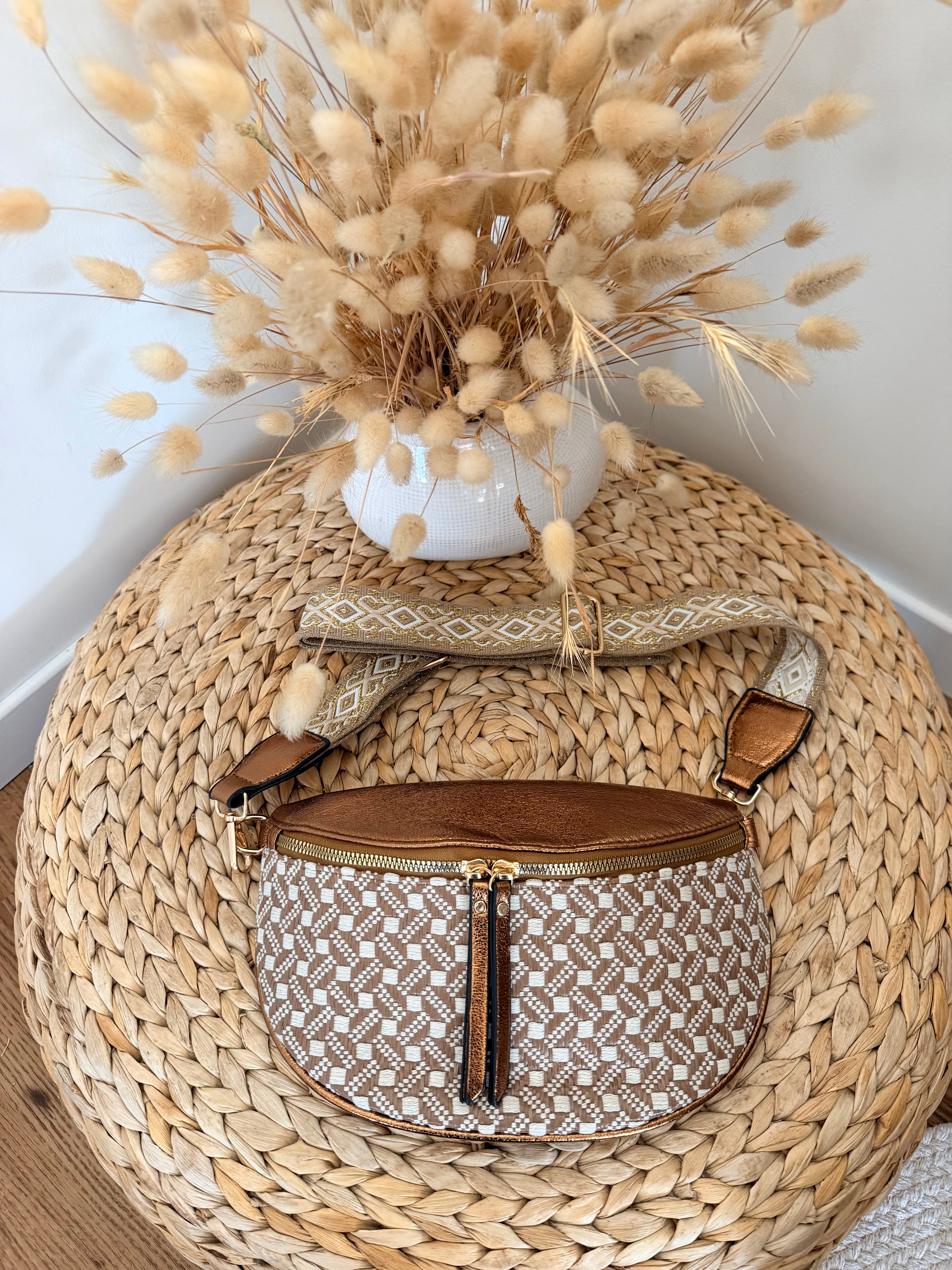 Sac Banane Bohème – Motif Géométrique Camel & Bronze