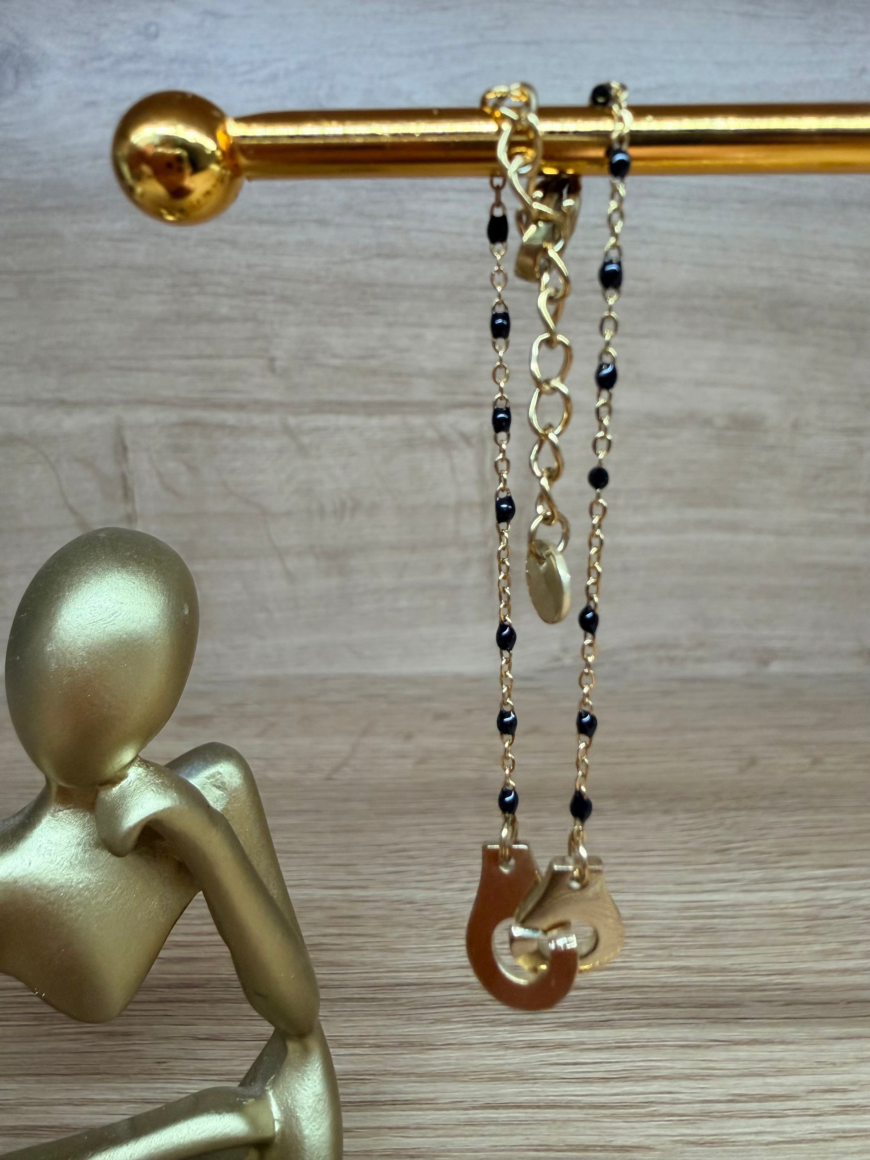 Bracelet Chaîne Acier Inoxydable Doré - Pendentif Menottes et Perles Noires