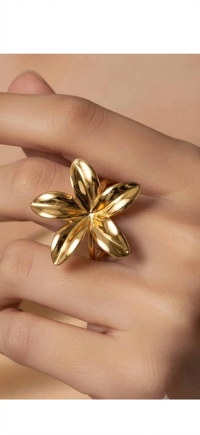 Bague Fleur Pétales – Acier Inoxydable Doré Ajustable
