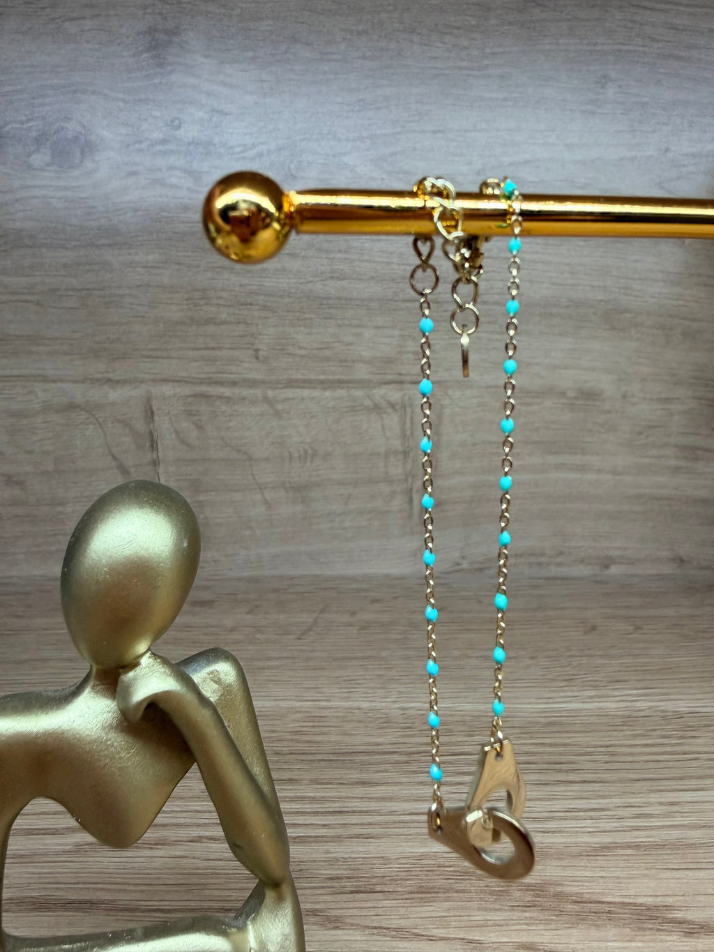 Bracelet Acier Inoxydable Doré - Pendentif Menottes et Perles Turquoise