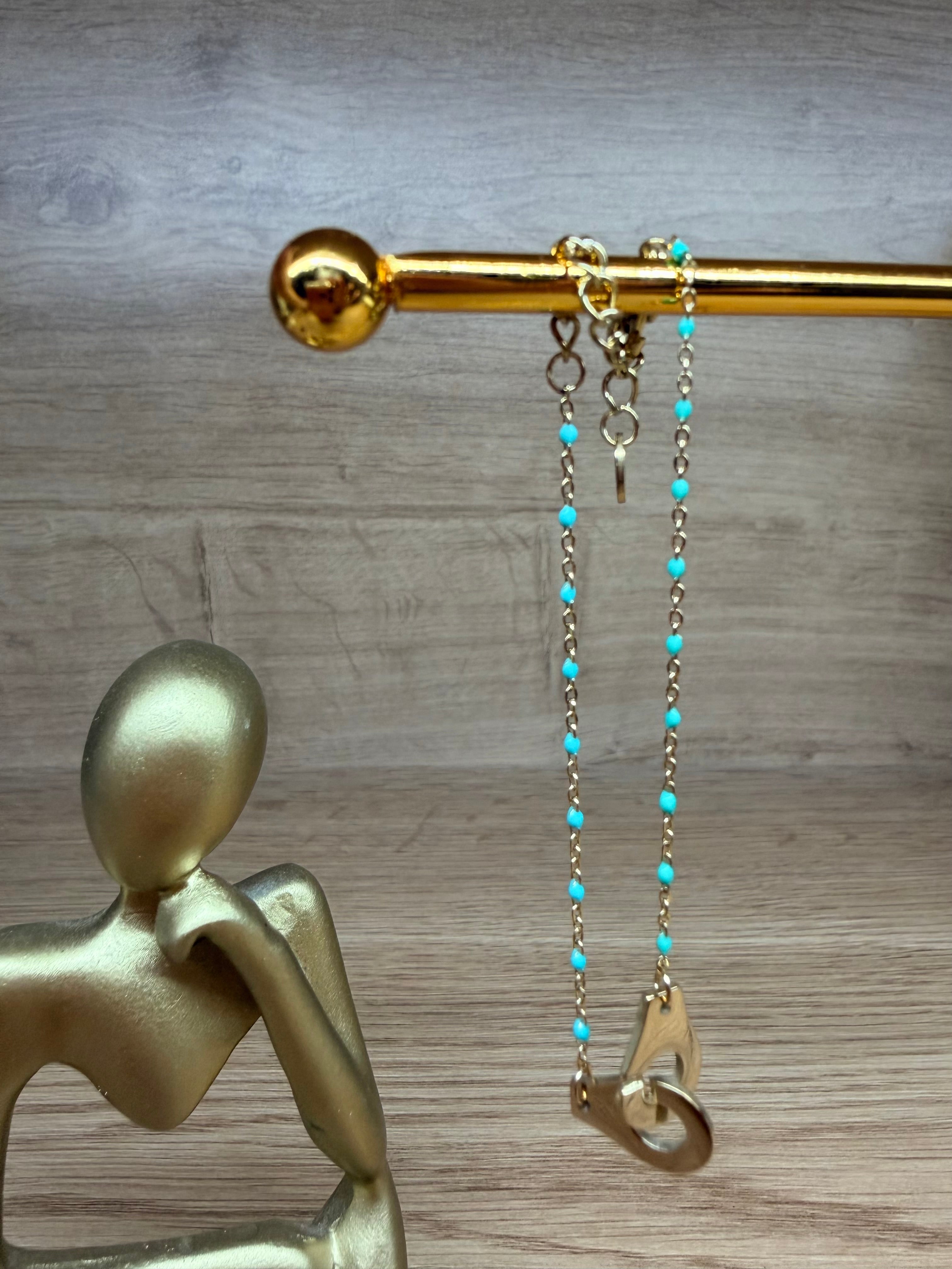 Bracelet Acier Inoxydable Doré - Pendentif Menottes et Perles Turquoise