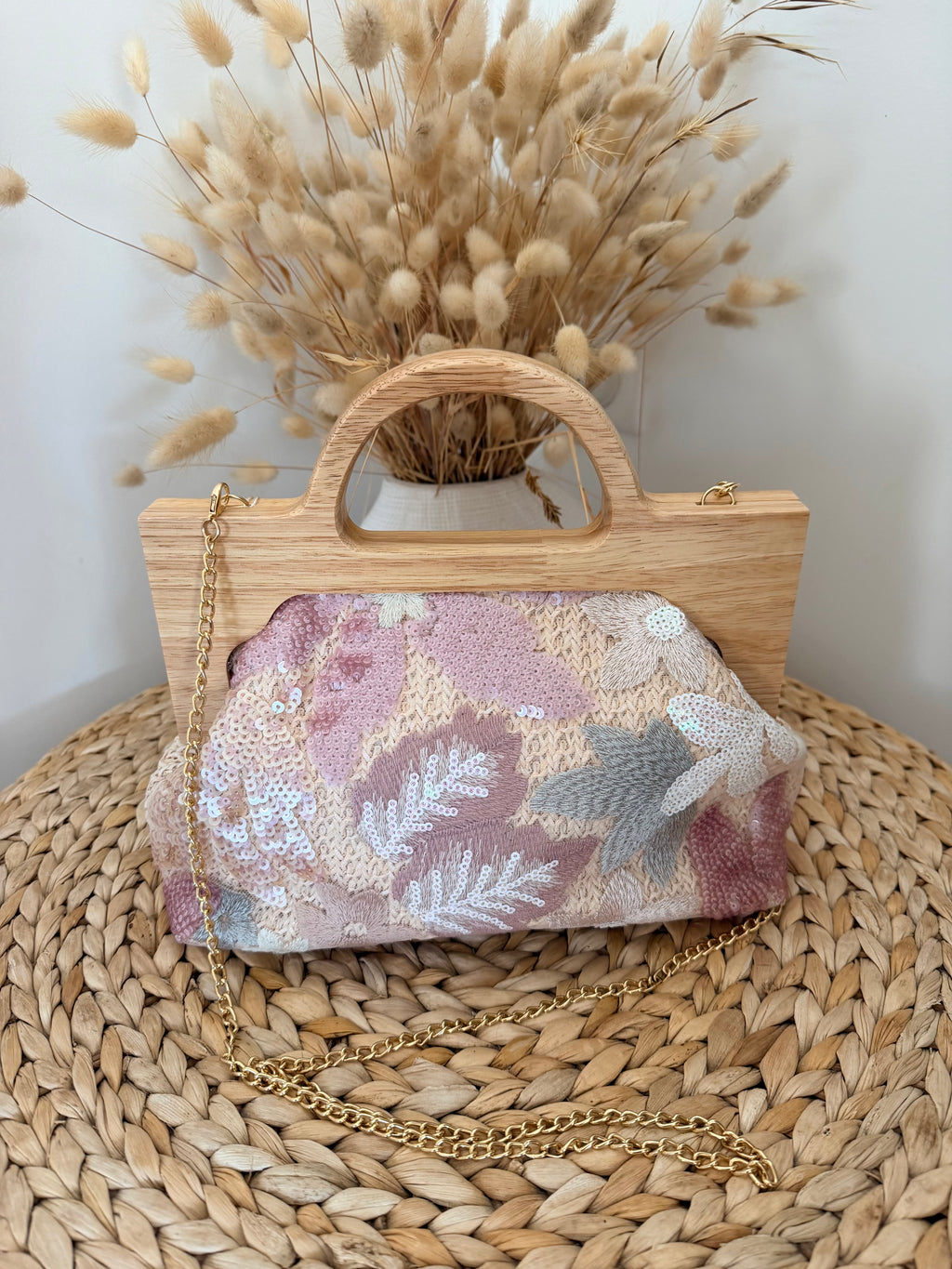 Sac à Anse en Bois et Motifs Floraux