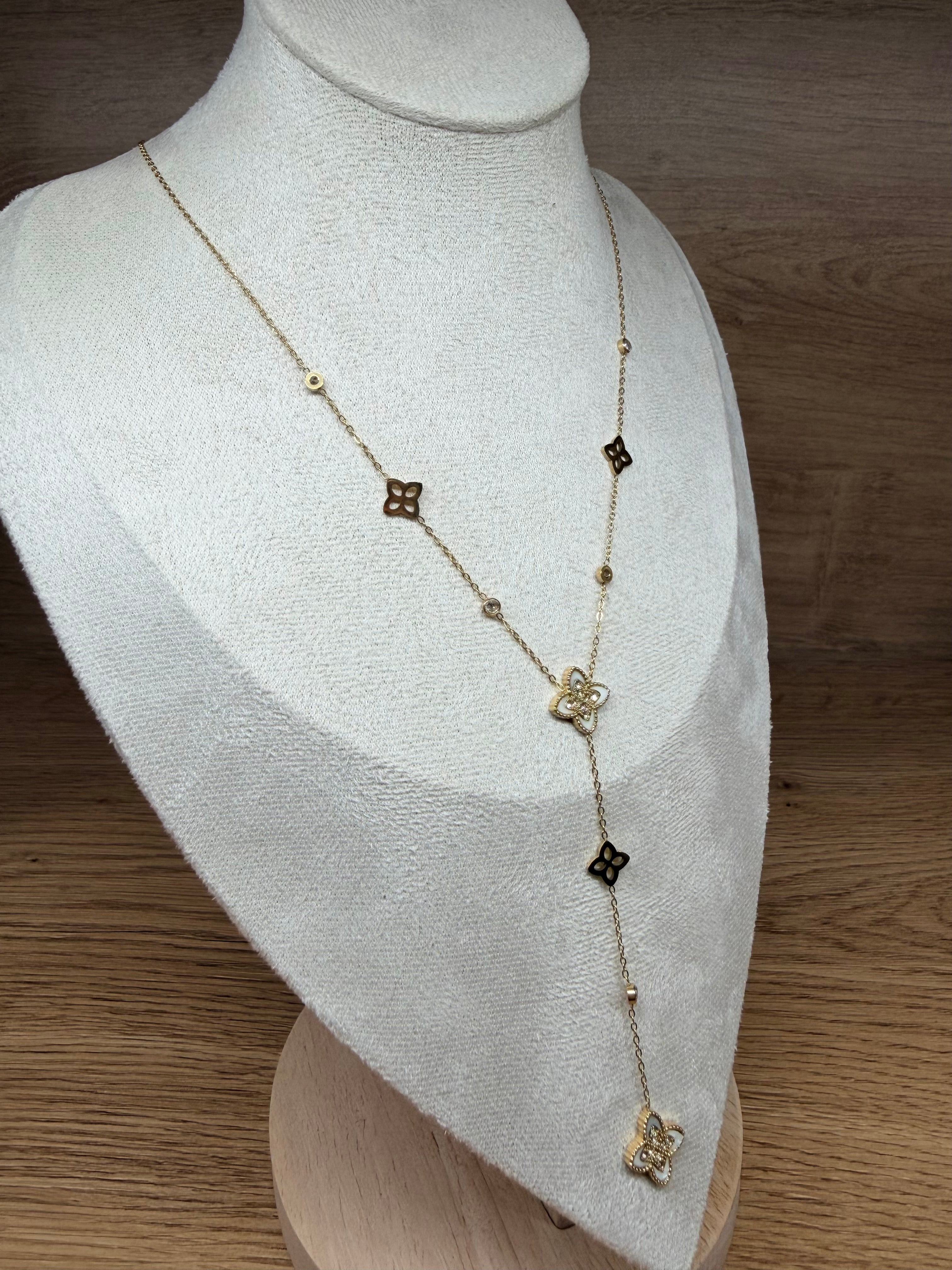 Collier Sautoir / Chaîne en Acier Inoxydable Doré - Motifs Fleurs et Nacre