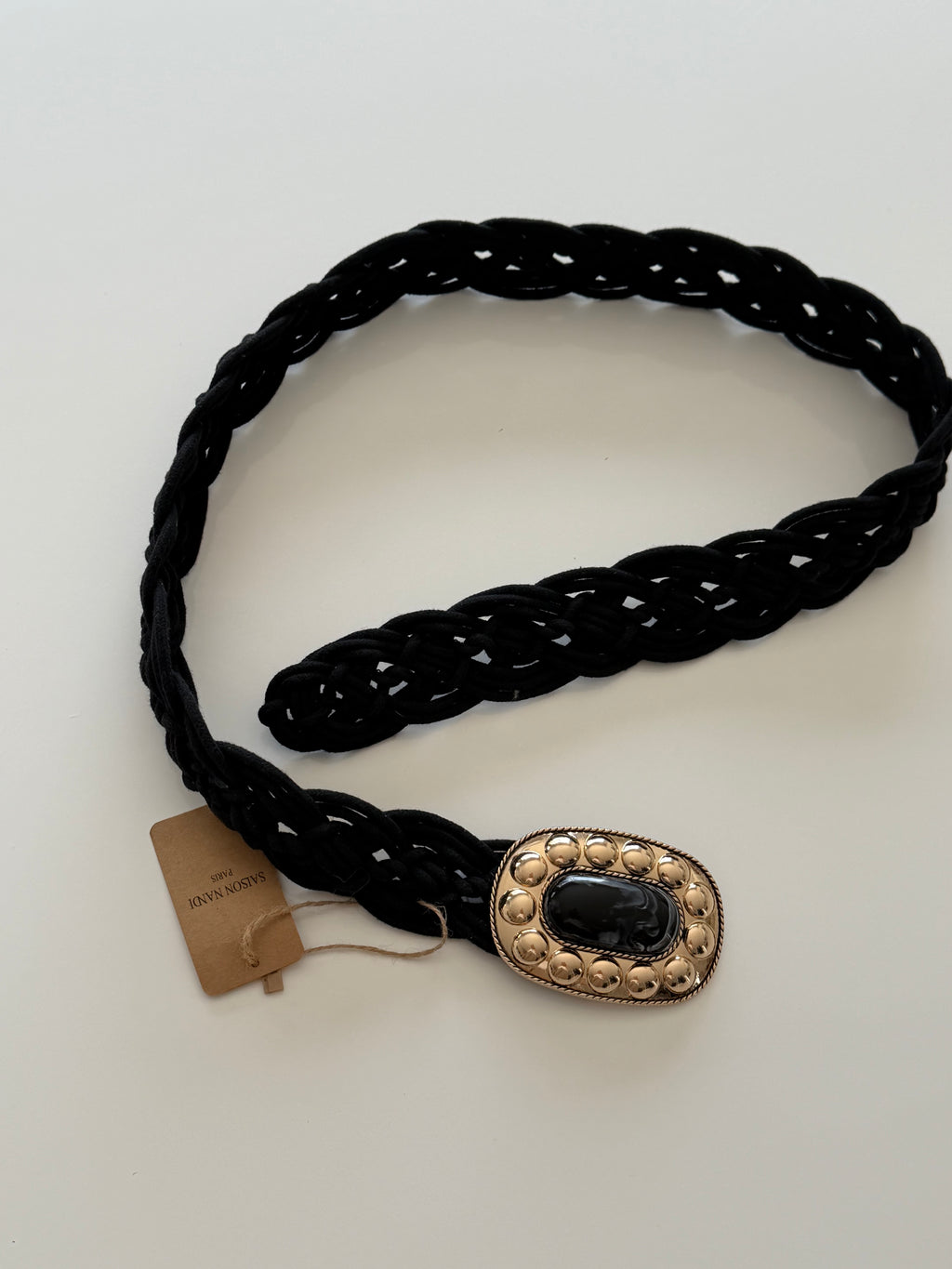 Ceinture Tressée noire avec Boucle Bijou Dorée – Saison Nandi Paris