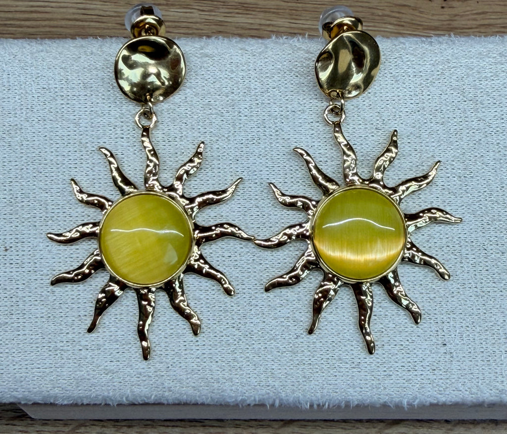Boucles d'Oreilles Acier Inoxydable Doré et Soleil Pierre Jaune