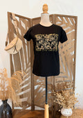 T-Shirt Noir à Motifs Brodés et Sequins Dorés